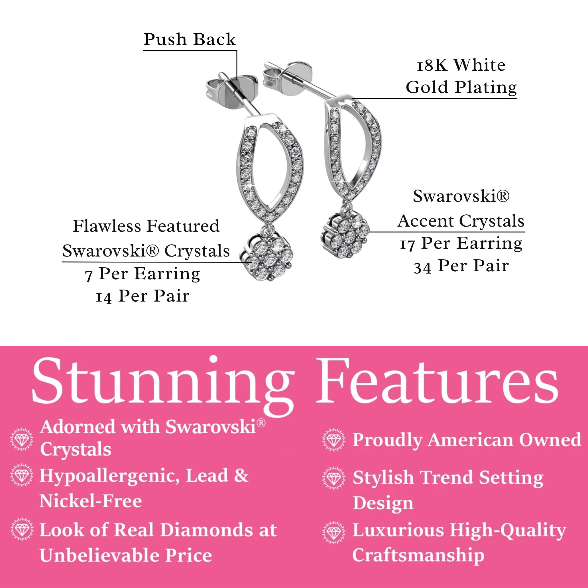 Megan 18k White Gold Plated Diamond Dangle Stud Earrings with Swarovski Crystals - FAB FAV
