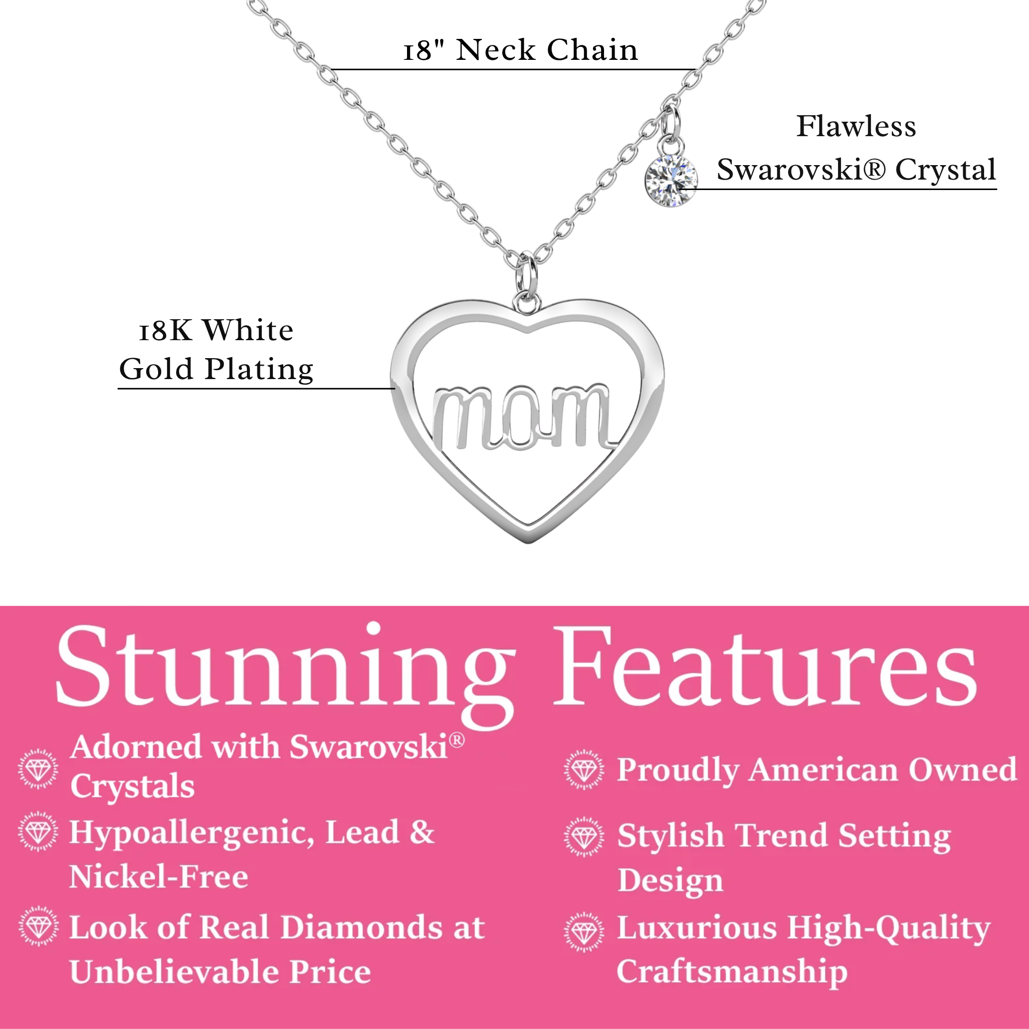 Melody 18k White Gold Plated Mom Heart Necklace with Swarovski Crystal
