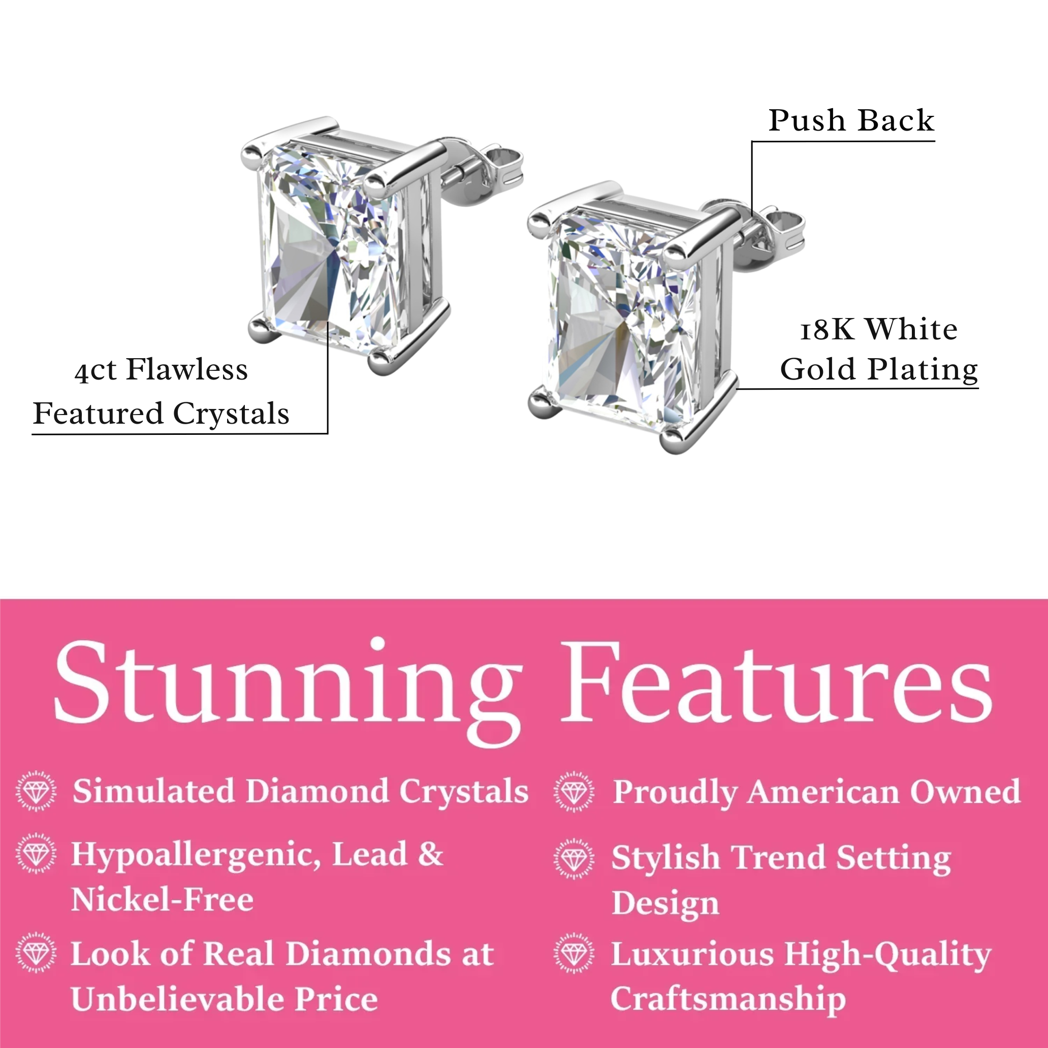 Mia 18k White Gold Plated Sterling Silver Stud Earrings with Simulated Diamond Crystals