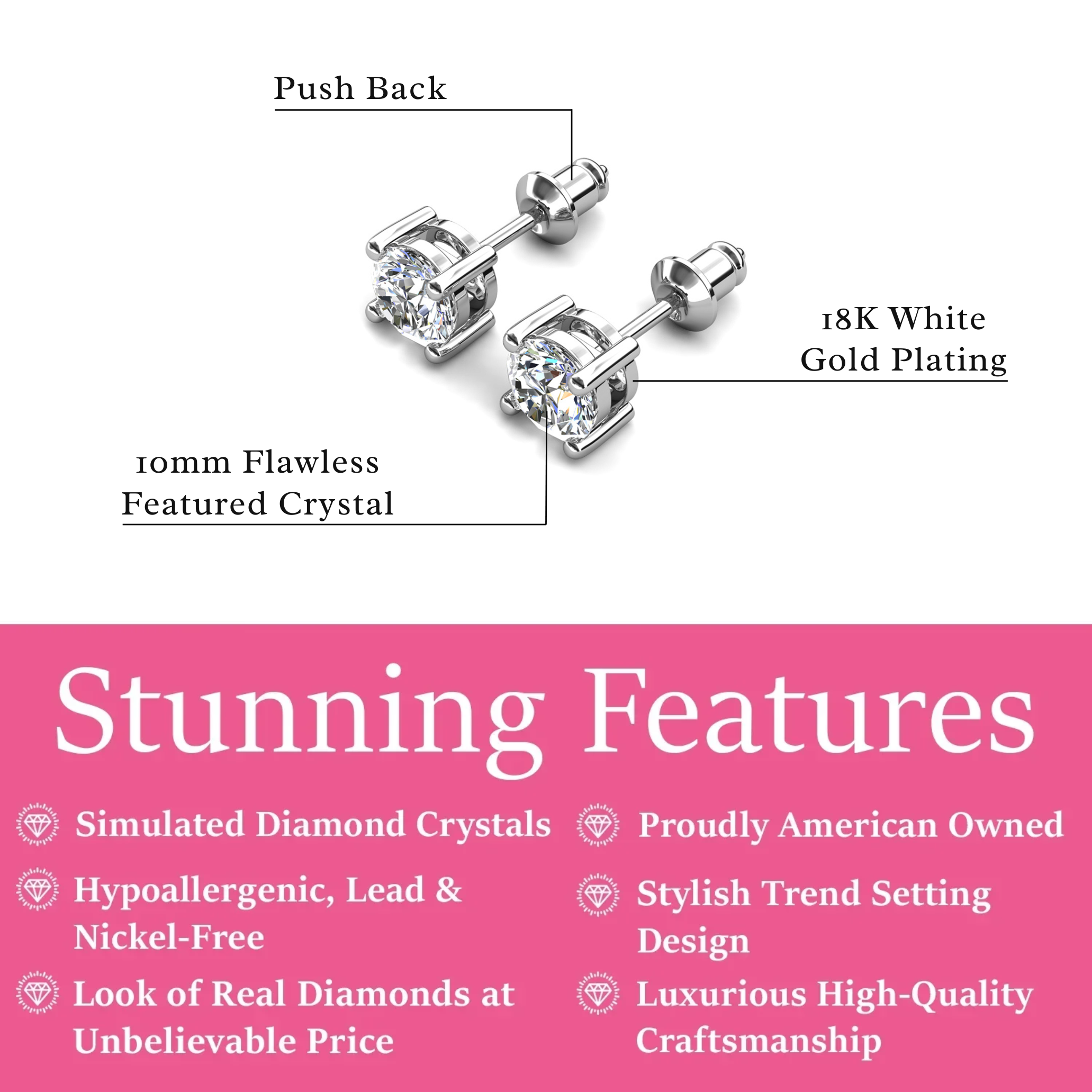 Mia 18k White Gold Plated Sterling Silver Stud Earrings with Simulated Diamond Crystals