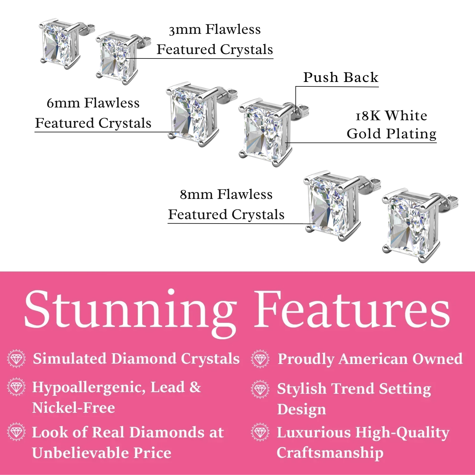 Mia 18k White Gold Plated Sterling Silver Stud Earrings with Simulated Diamond Crystals