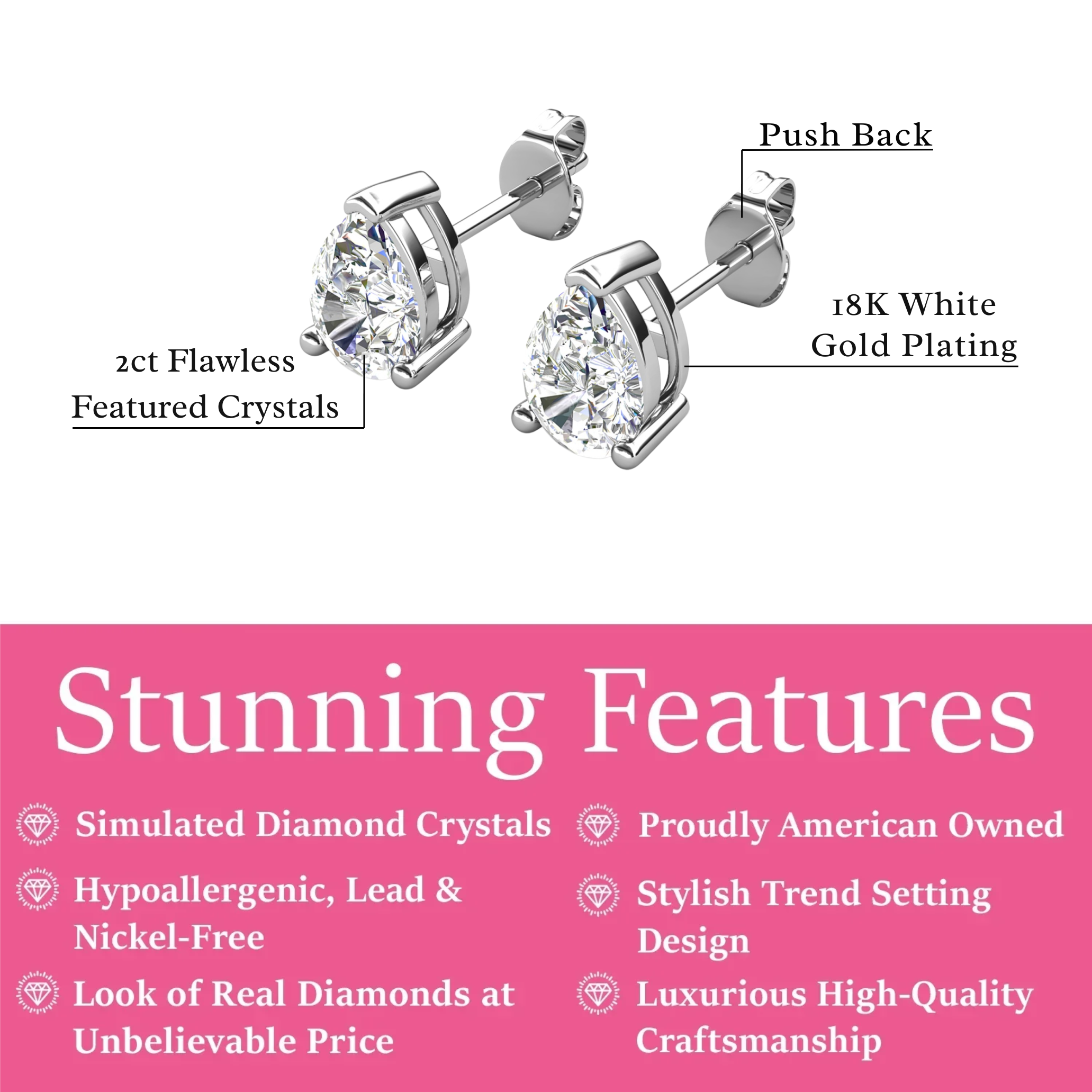 Mia 18k White Gold Plated Sterling Silver Stud Earrings with Simulated Diamond Crystals
