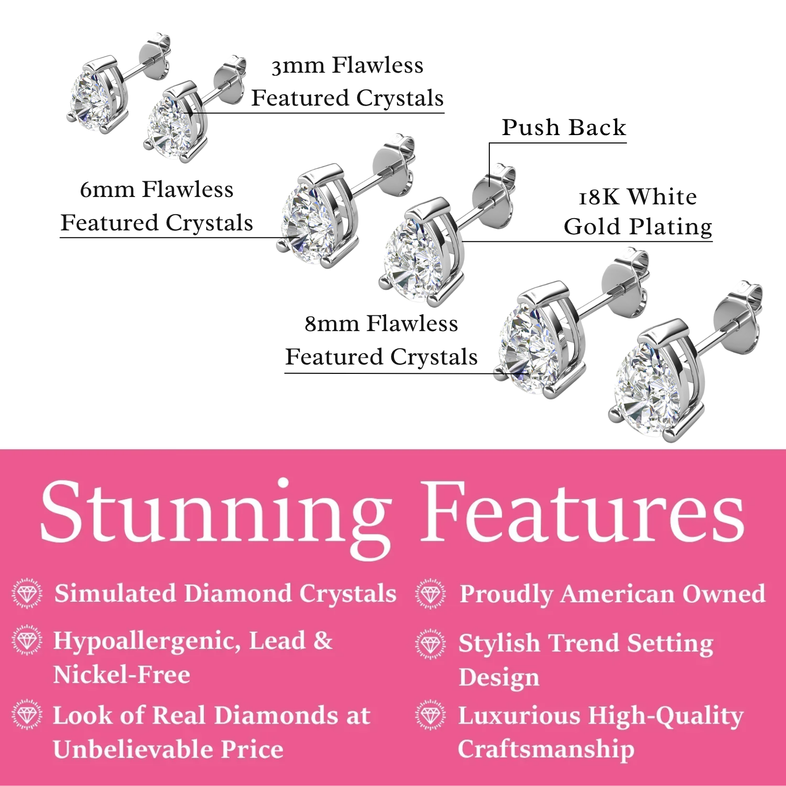 Mia 18k White Gold Plated Sterling Silver Stud Earrings with Simulated Diamond Crystals