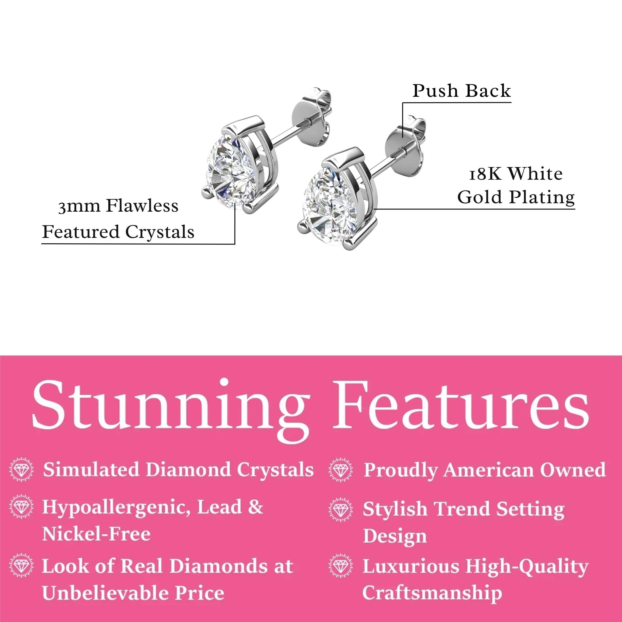 Mia 18k White Gold Plated Sterling Silver Stud Earrings with Simulated Diamond Crystals