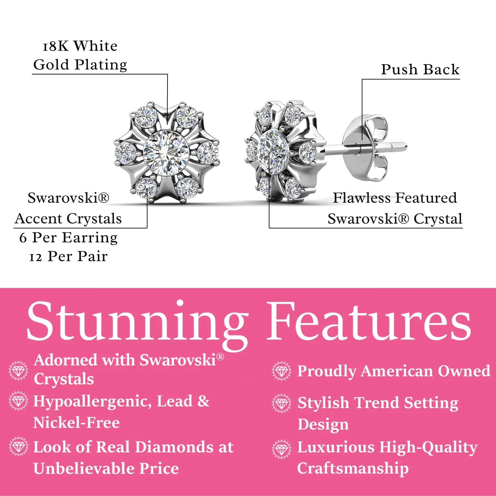 Millie 18k White Gold Plated Stud Earrings with Swarovski Crystals