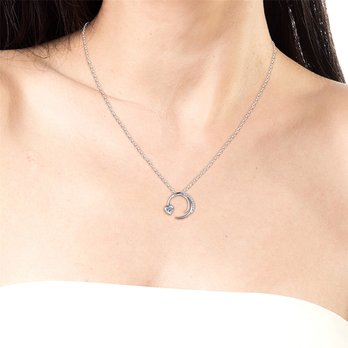 Aelin 18k White Gold Plated Silver Necklace, Crescent Heart Pendant with Swarovski Crystals