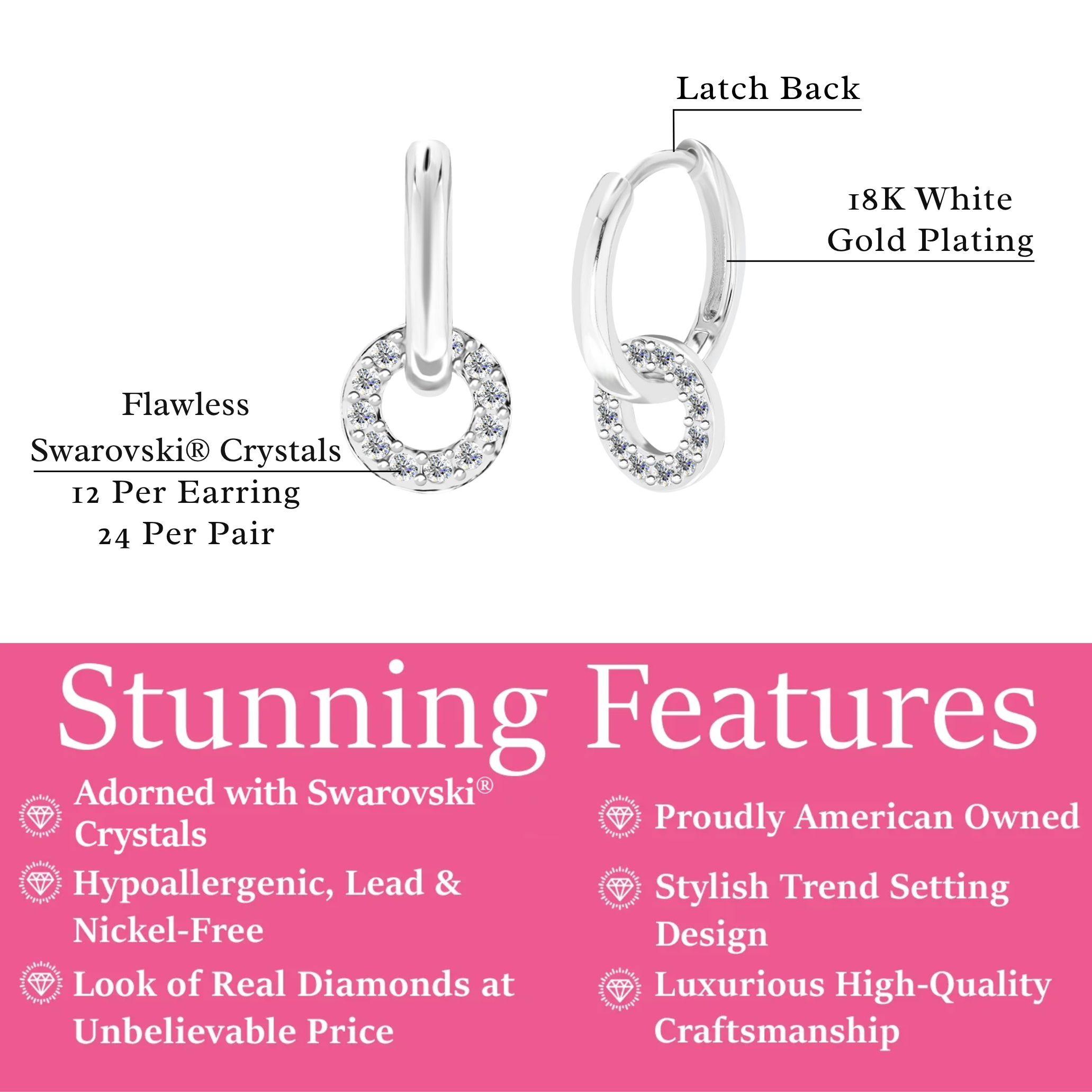 Nala 18k White Gold Plated 14mm Hoop Earrings with Swarovski Crystals