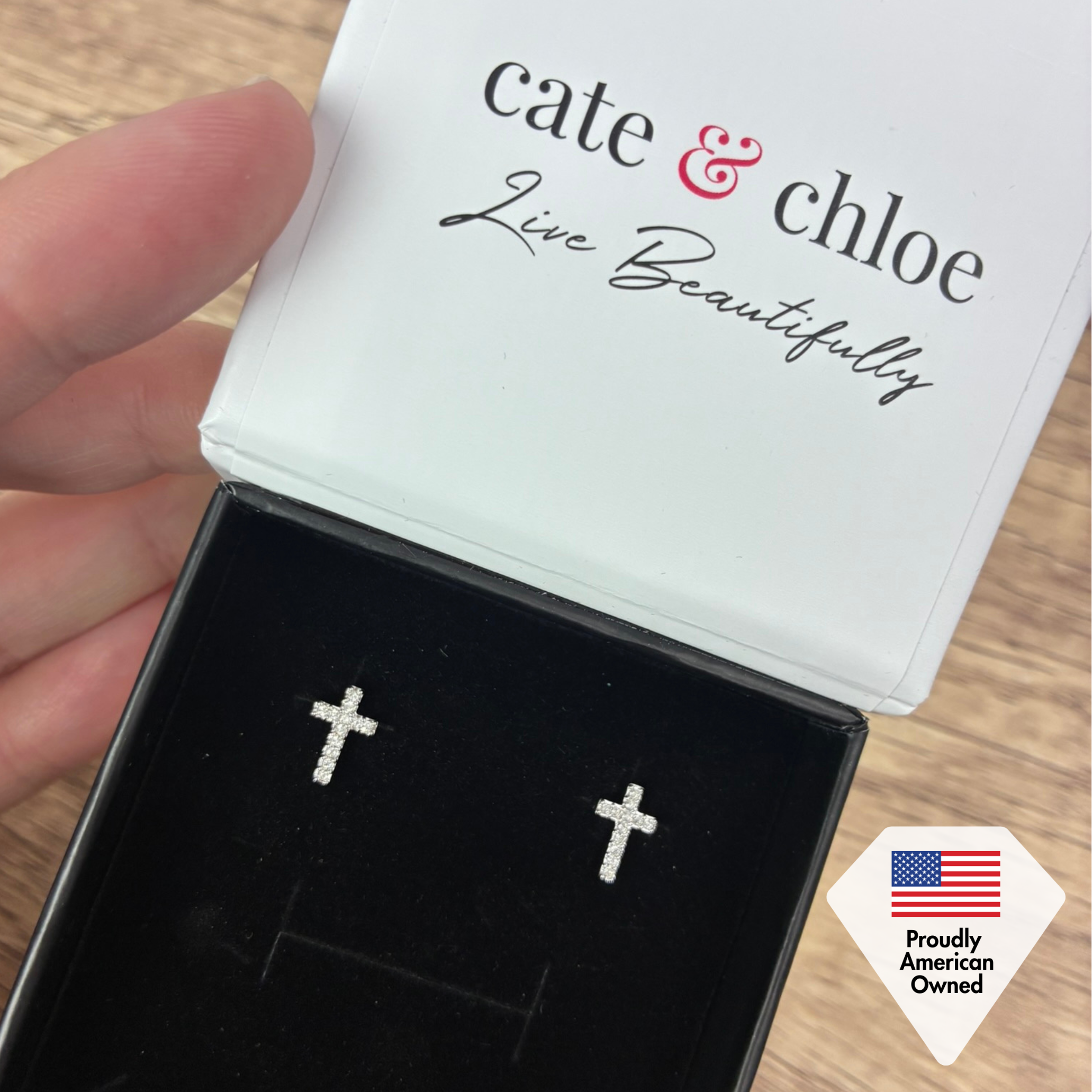 Nayeli 18k White Gold Plated Cross Stud Earrings & Blessed by Faith Tan Sand Card