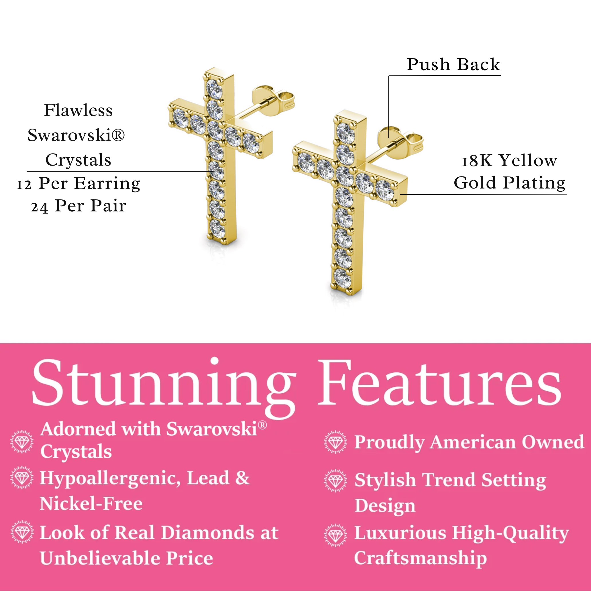 Nayeli 18k White Gold Plated Silver Cross Stud Earrings with Swarovski Crystals