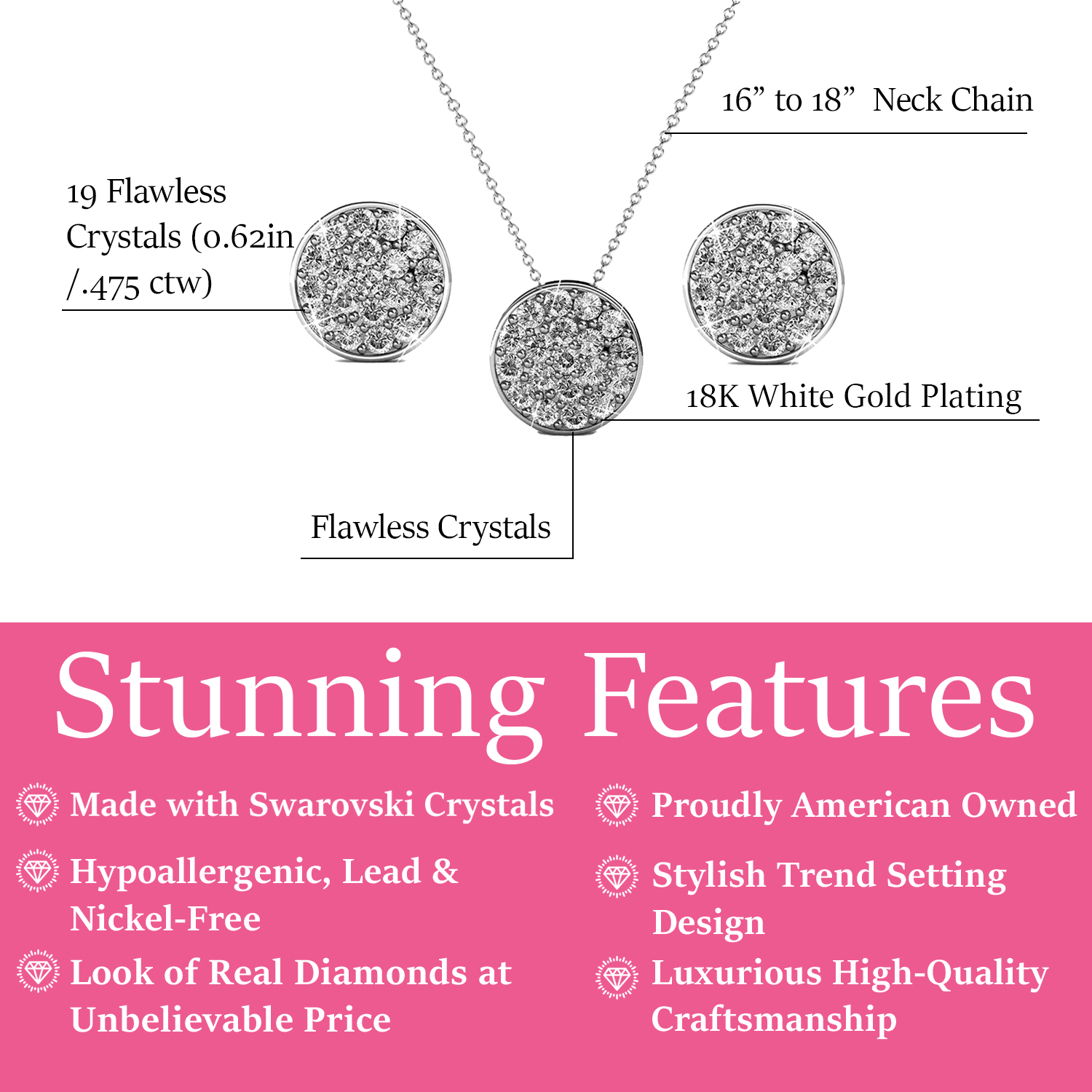 Nelly 18k White Gold Pave Stud Necklace and Earrings Jewelry Set with Swarovski Crystals