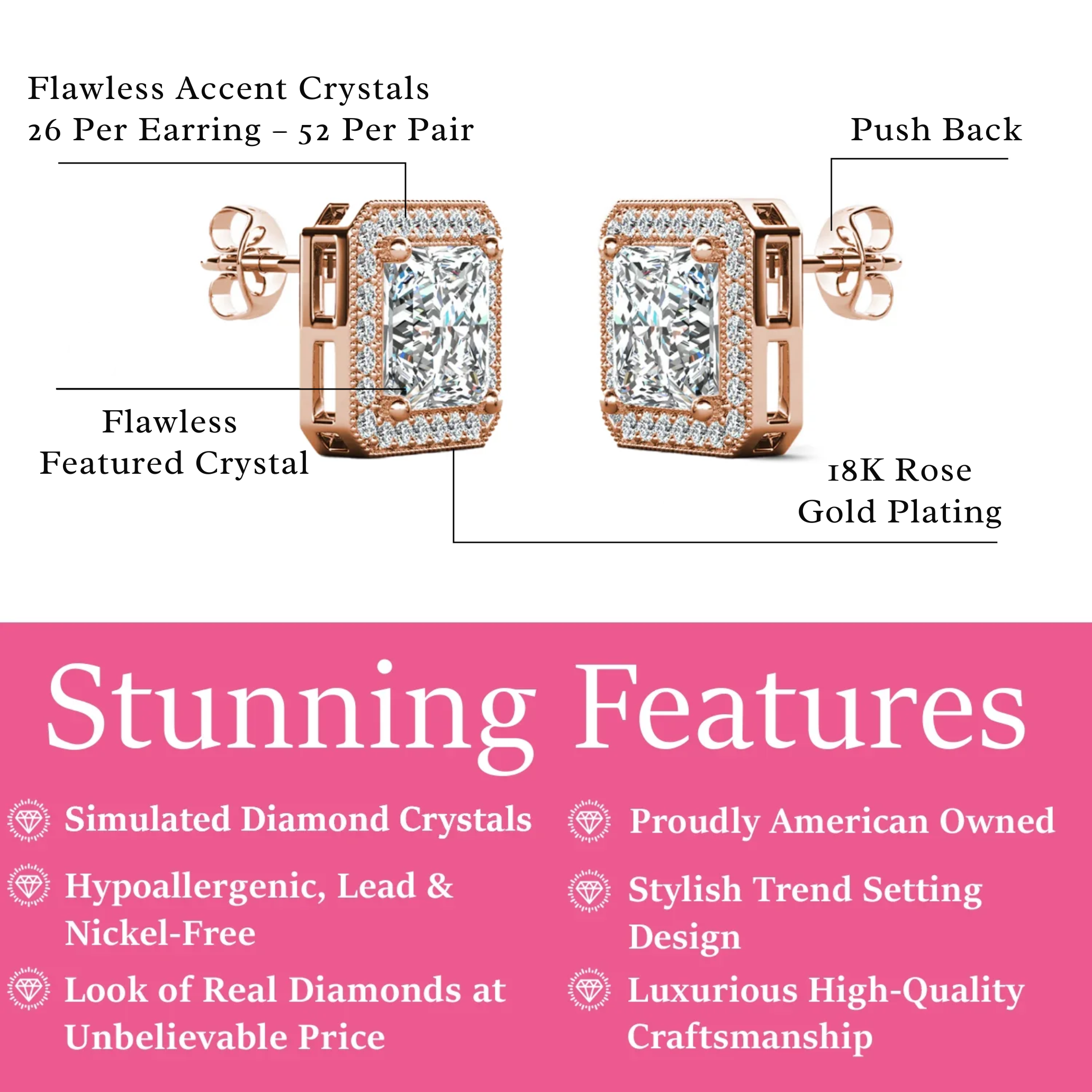 Norah 18k Gold Plated Stud Earrings with Simulated Diamond Crystals (3 Pair Set)