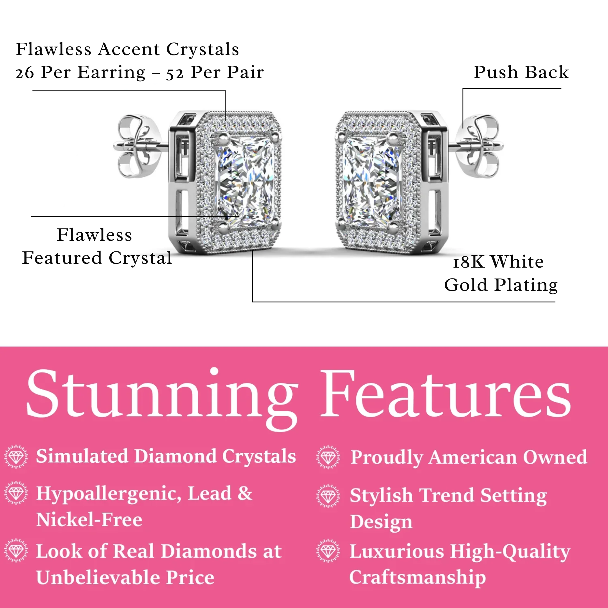 Norah 18k Gold Plated Stud Earrings with Simulated Diamond Crystals (3 Pair Set)