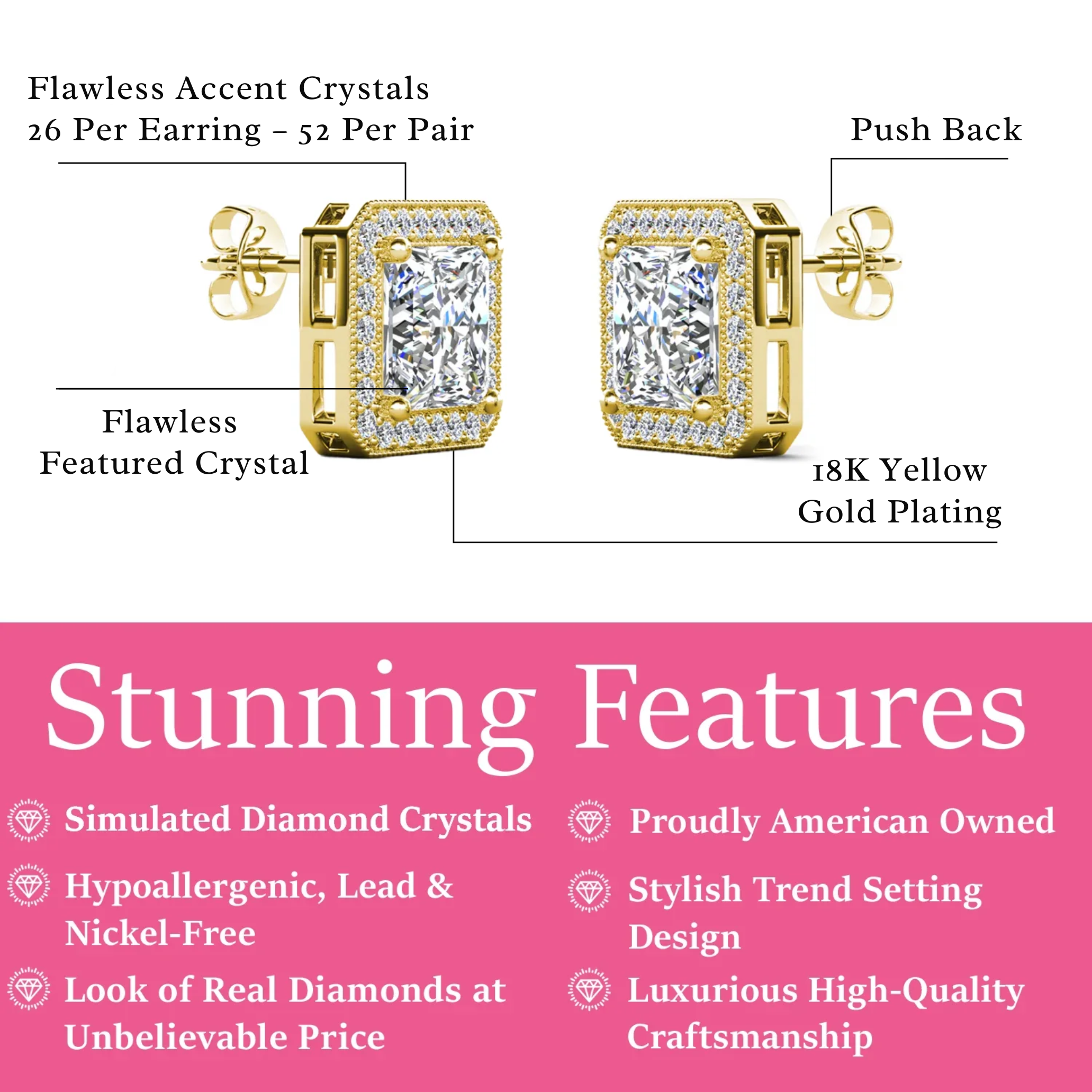 Norah 18k Gold Plated Stud Earrings with Simulated Diamond Crystals (3 Pair Set)