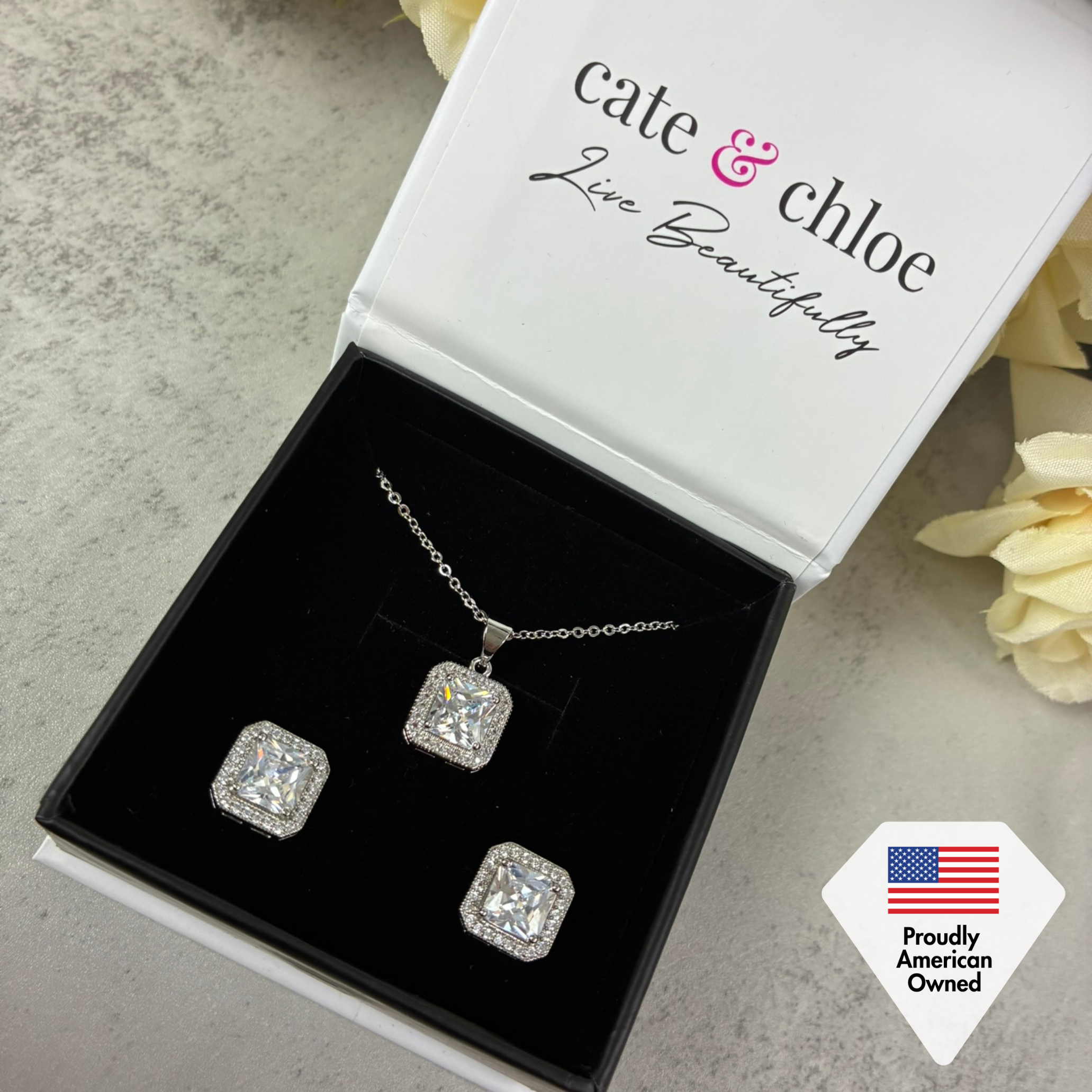 Norah 18K White Gold Princess Cut Halo Necklace and Earrings Jewelry Set with Simulated Diamond Crystals