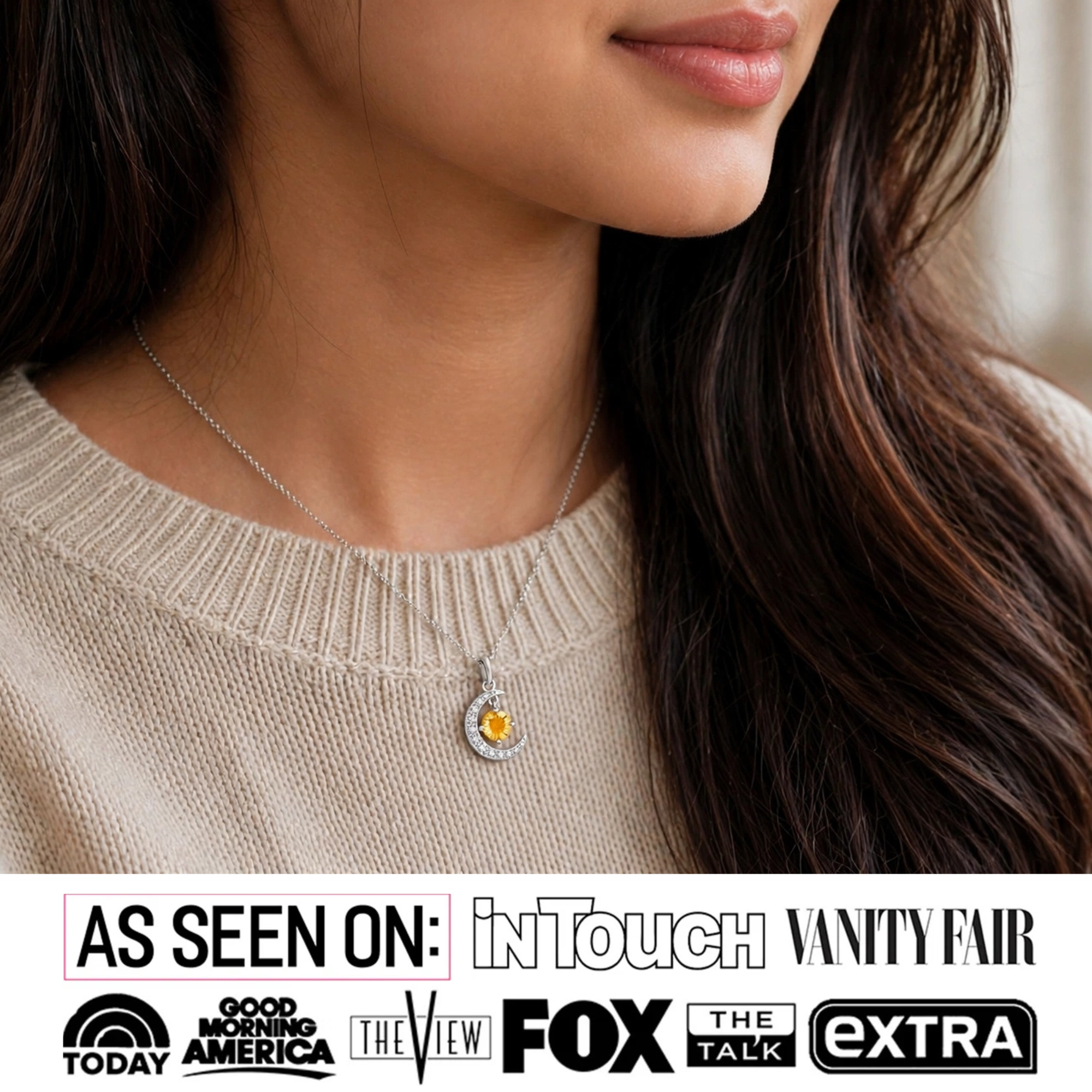 Luna Birthstone Necklace 18k White Gold Plated Crescent Pendant Necklace with Round Cut Swarovski Crystals