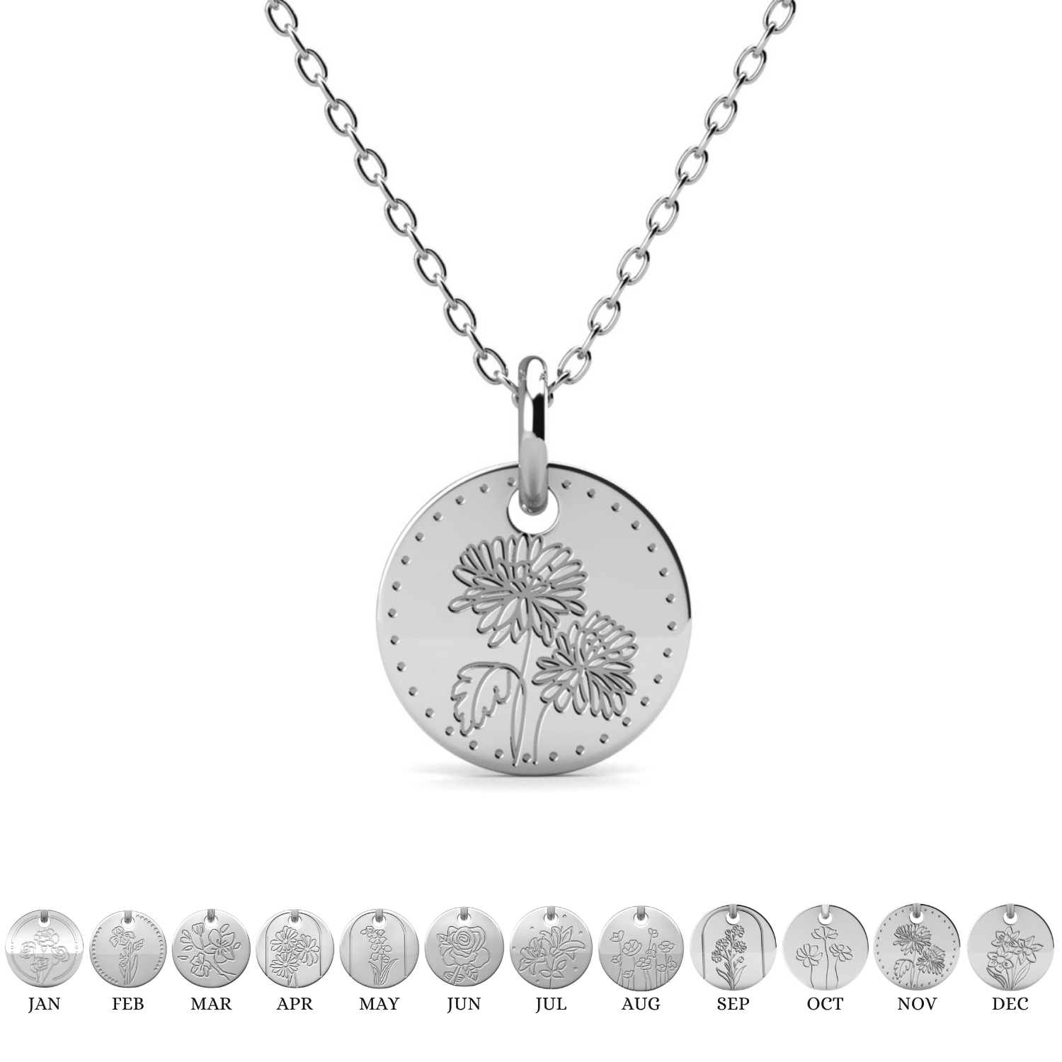 Floral 18k White Gold Plated Engraved Birth Month Flower Pendant Necklace