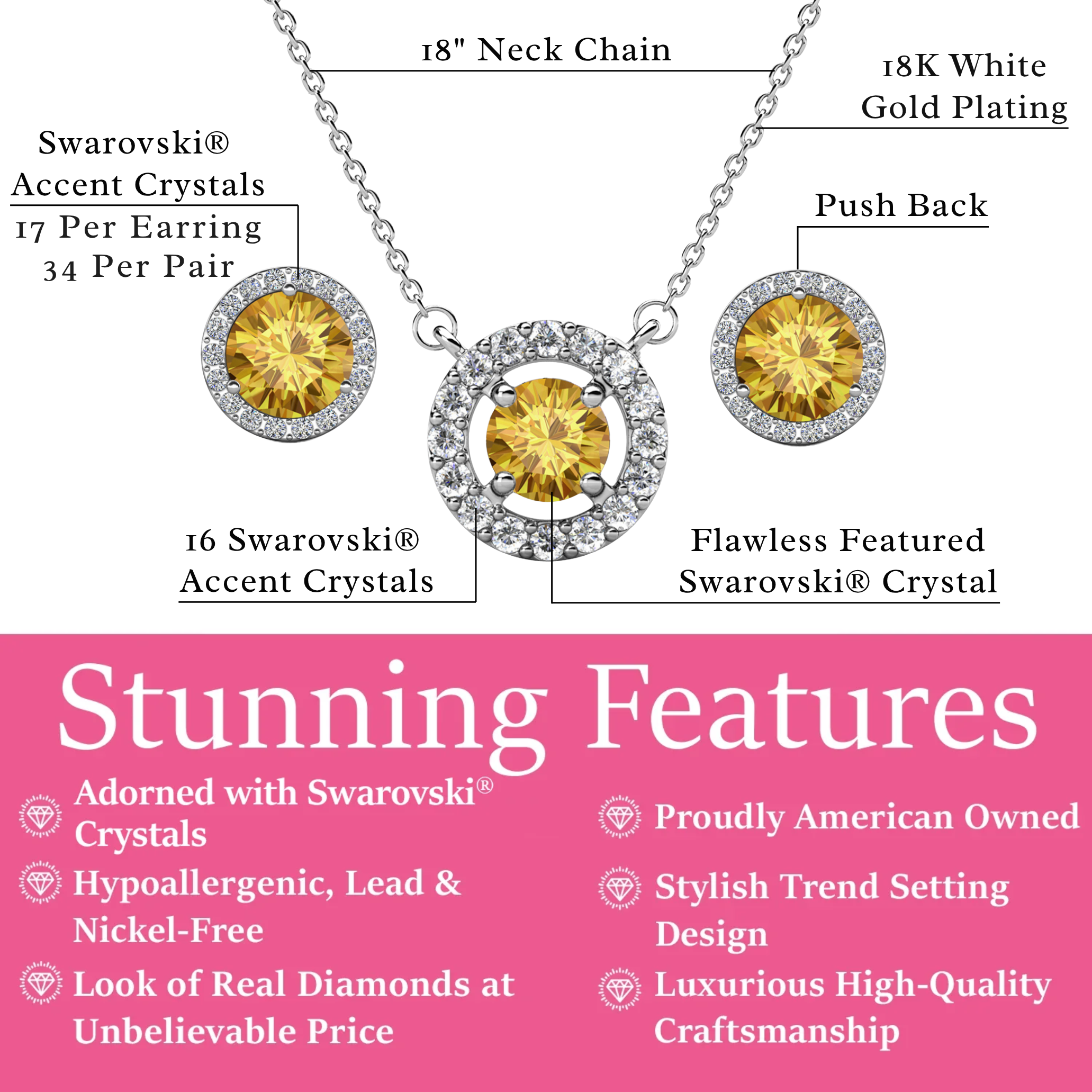 Royal Birthstone 18k White Gold Plated Halo Stud Earrings and Necklace Set with Swarovski Crystals