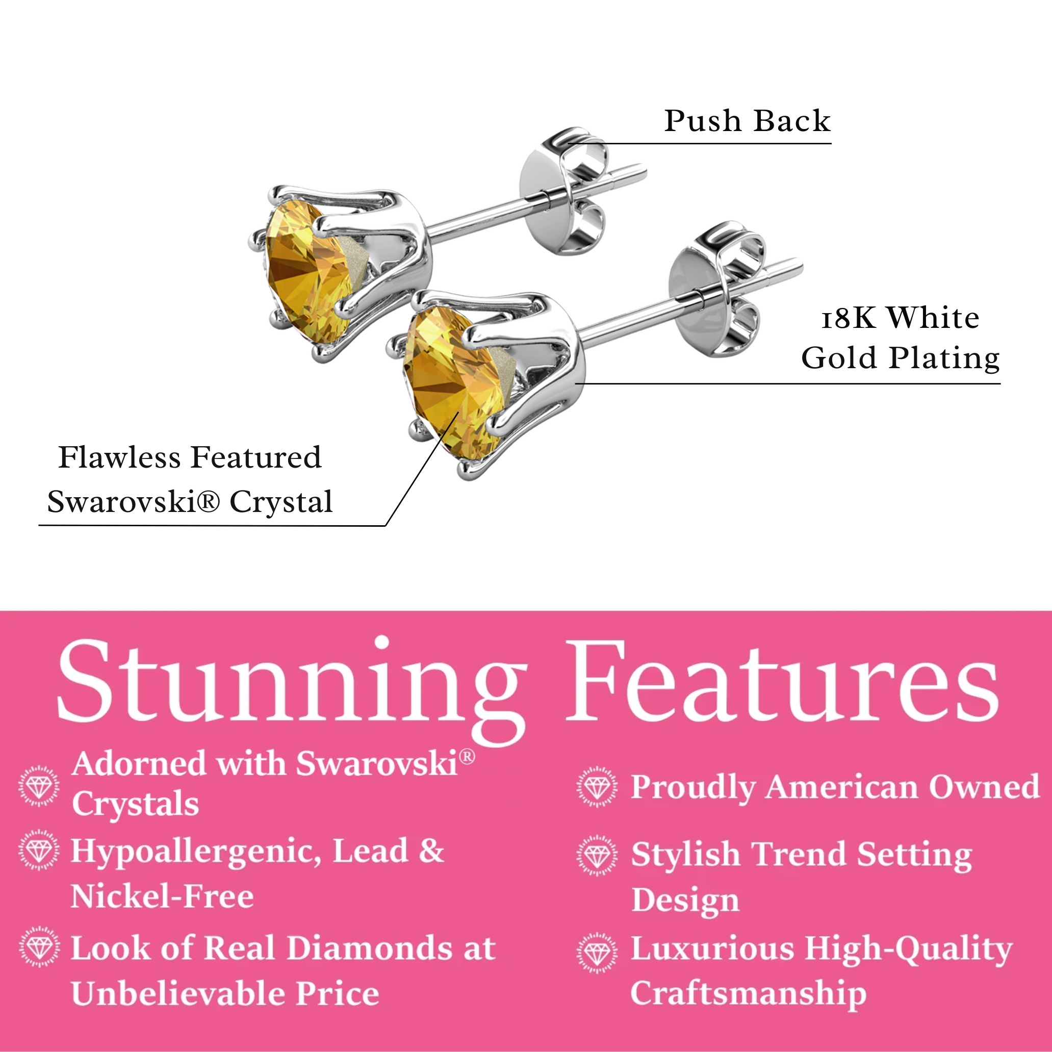 Birthstone Earrings 18k White Gold Plated Stud Earrings with 1ct Solitaire Swarovski Crystals