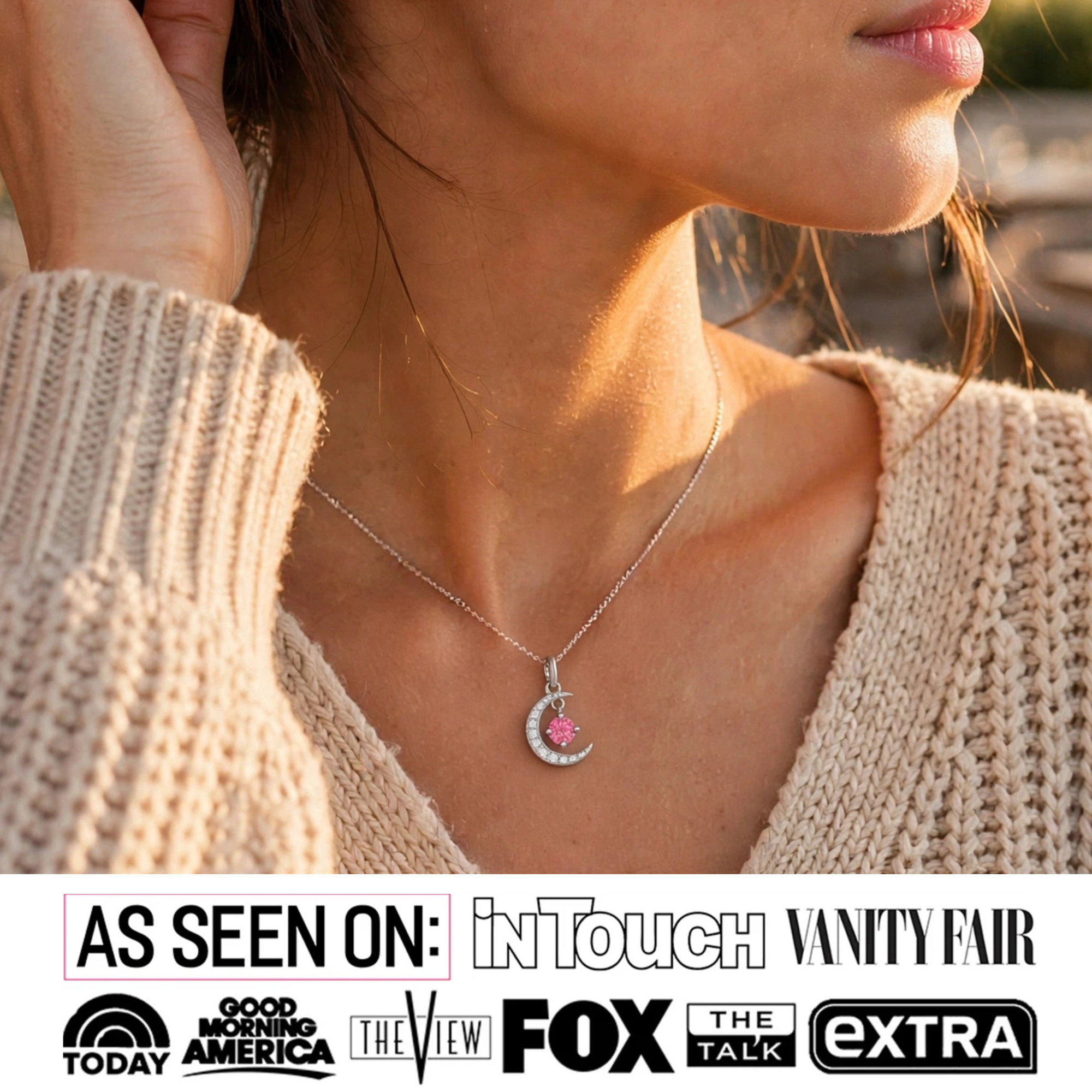 Luna Birthstone Necklace 18k White Gold Plated Crescent Pendant Necklace with Round Cut Swarovski Crystals