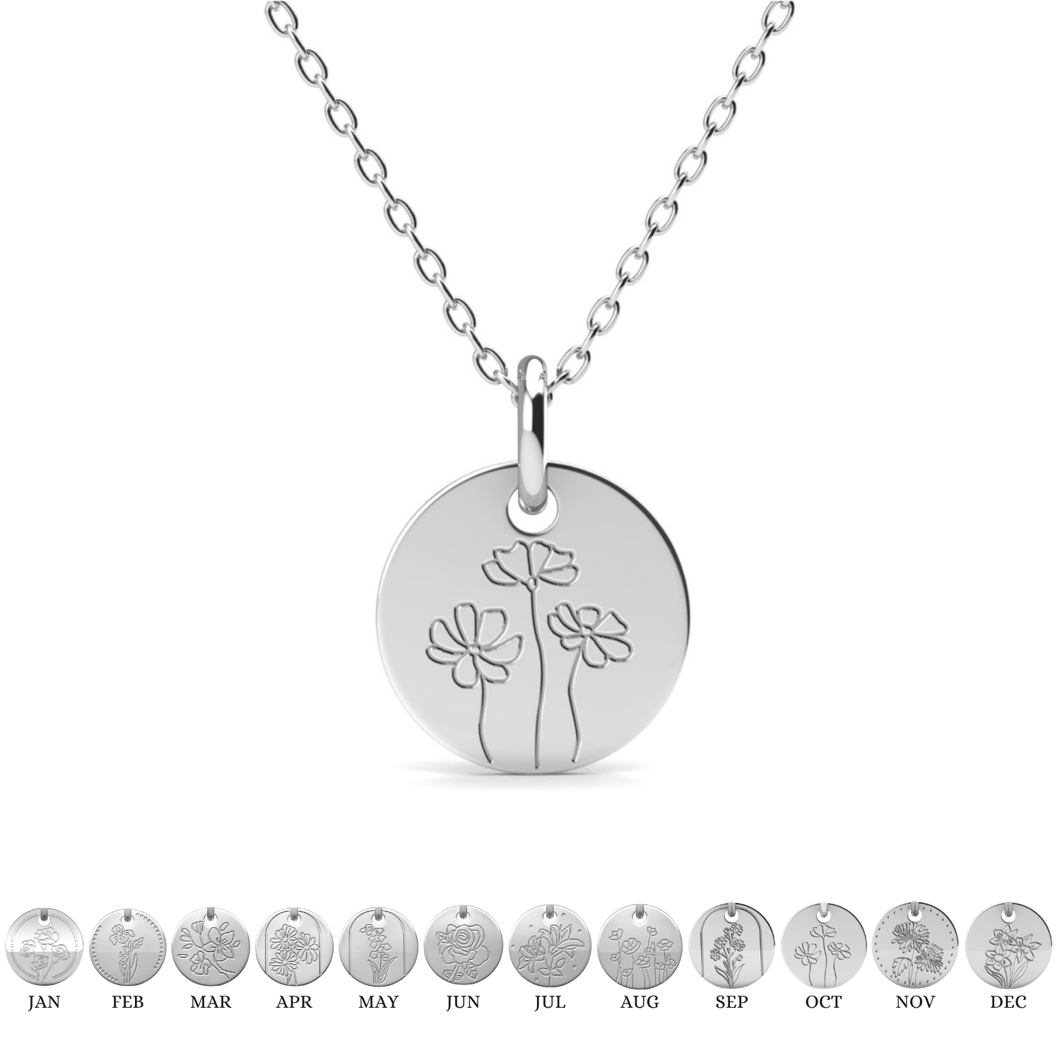 Floral 18k White Gold Plated Engraved Birth Month Flower Pendant Necklace