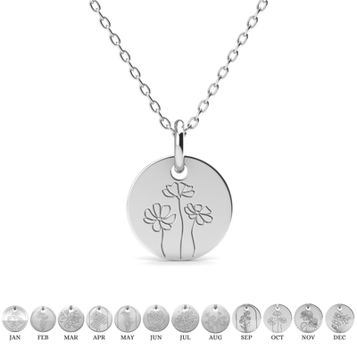 Floral 18k White Gold Plated Engraved Birth Month Flower Pendant Necklace - October - Marigold