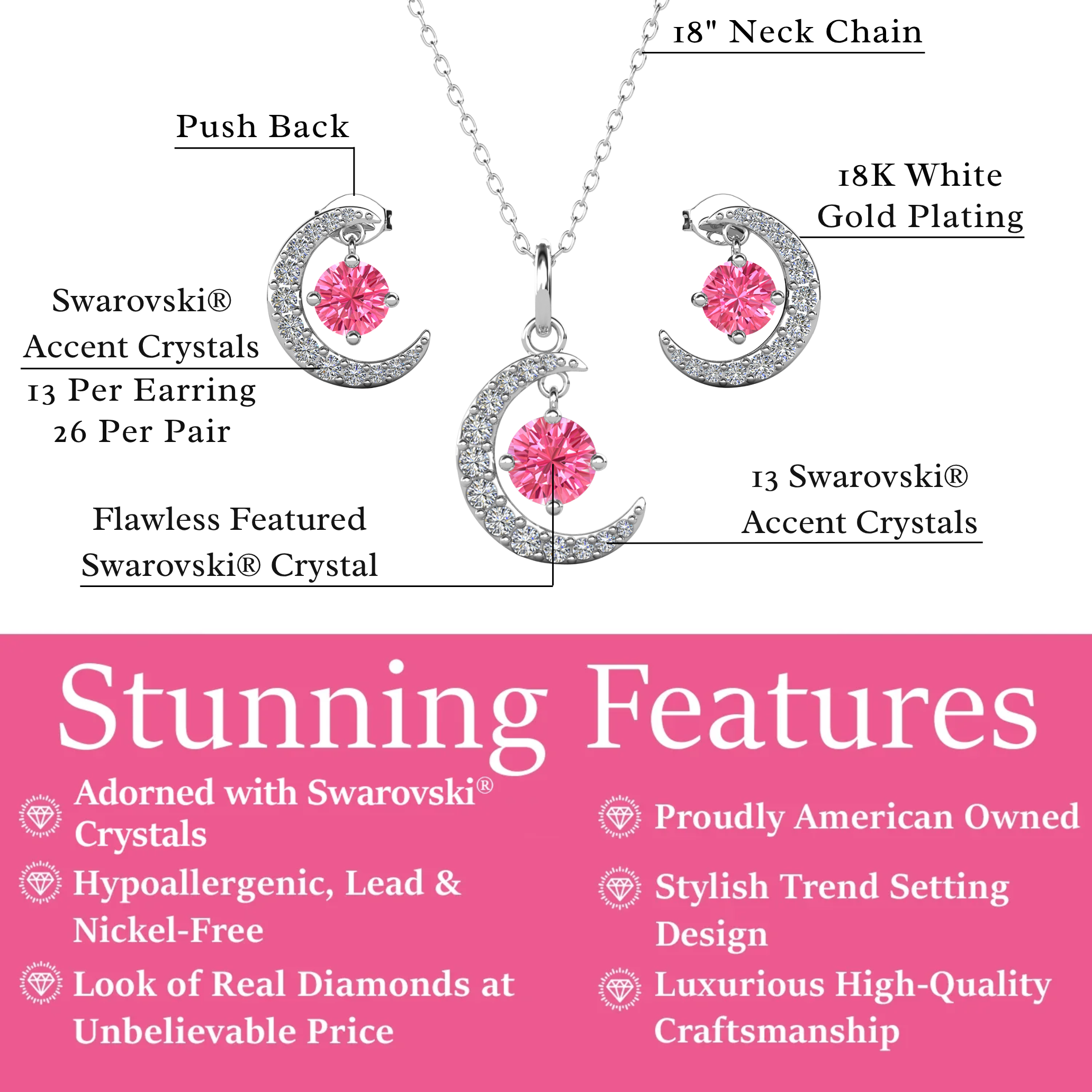 Luna Birthstone 18k White Gold Plated Silver Crescent Earrings and Necklace Set with Swarovski Crystals