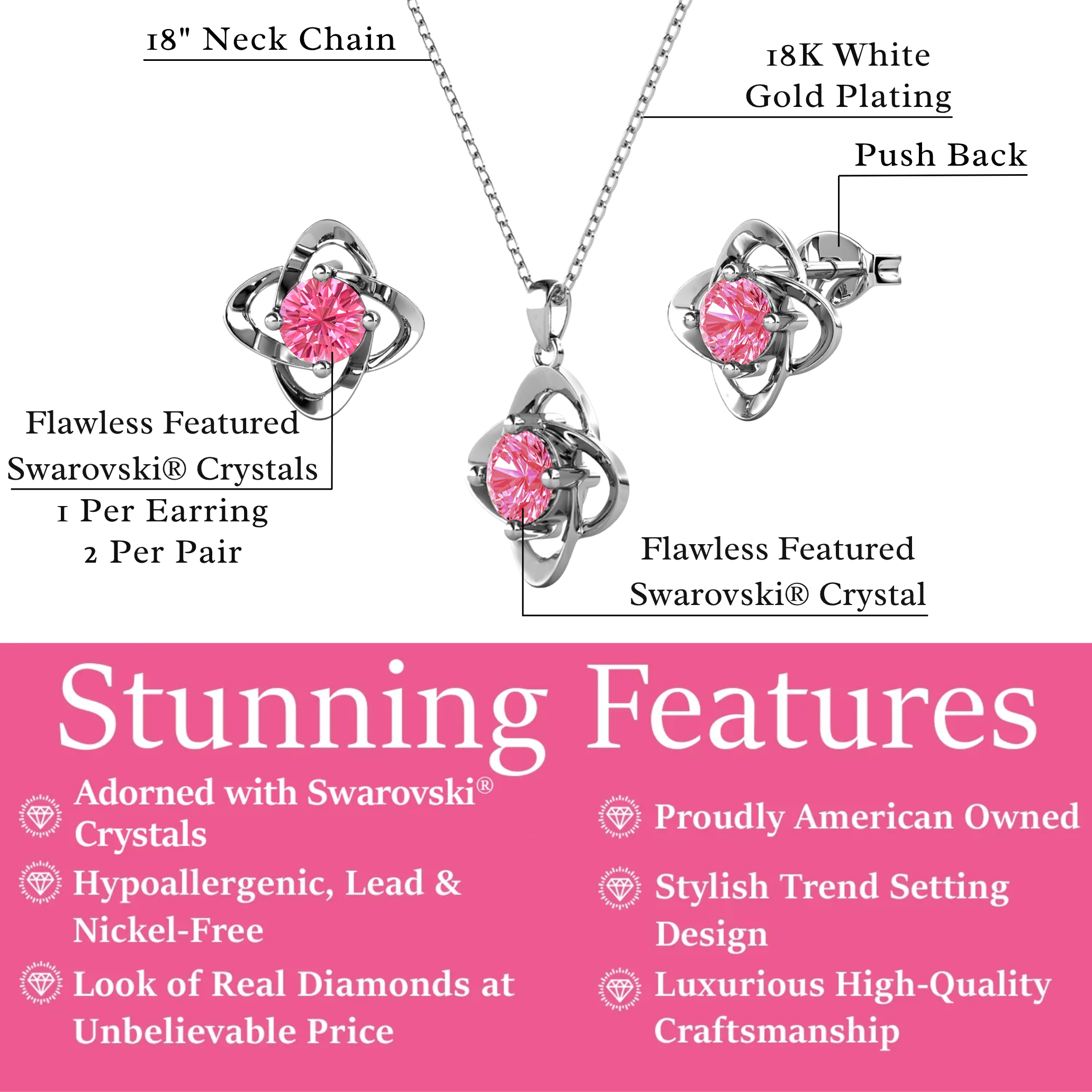 Infinity Birthstone 18k White Gold Plated Stud Earrings and Necklace Set with Swarovski Crystals