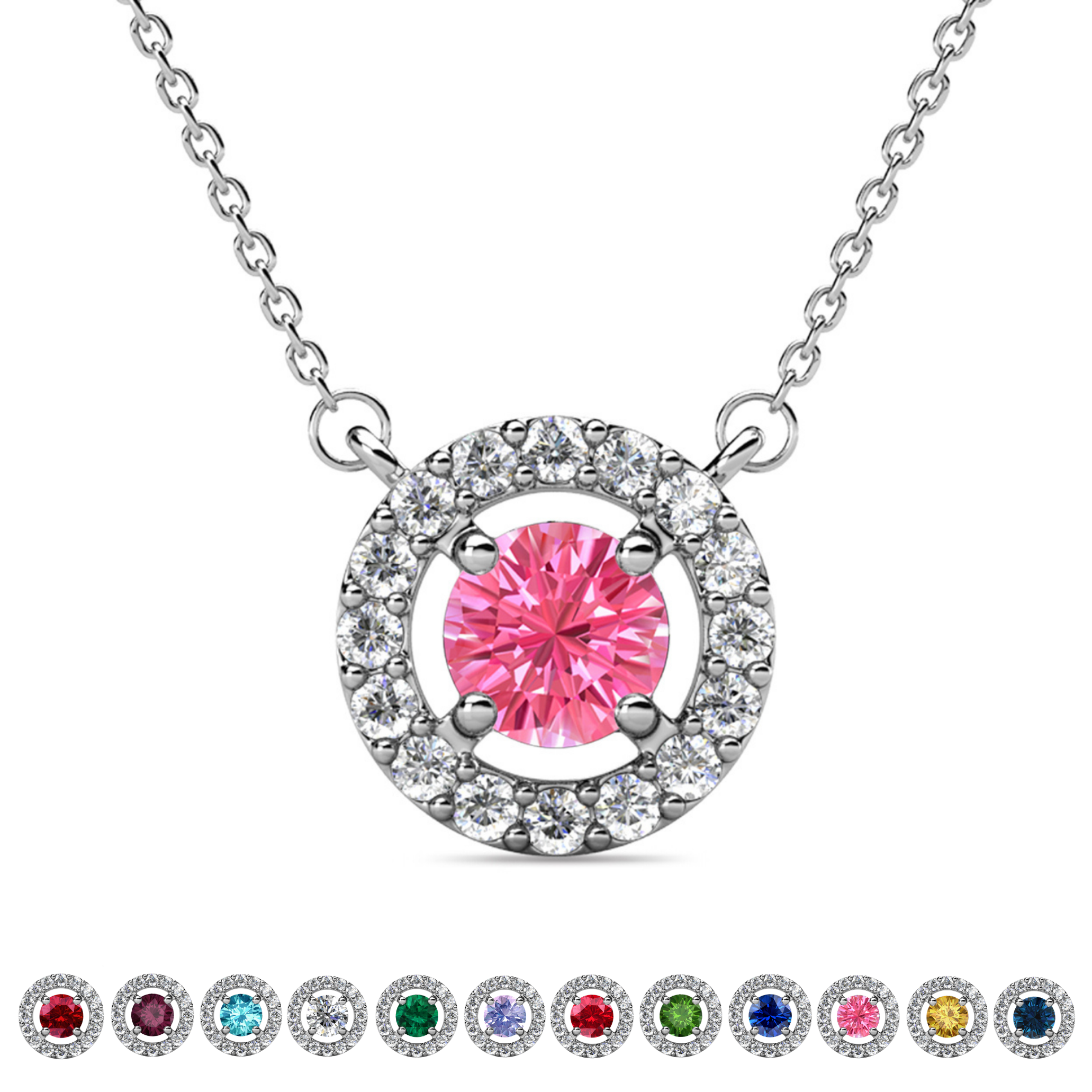 Royal Birthstone 18k White Gold Plated Halo Necklace with Round Cut Swarovski Crystals