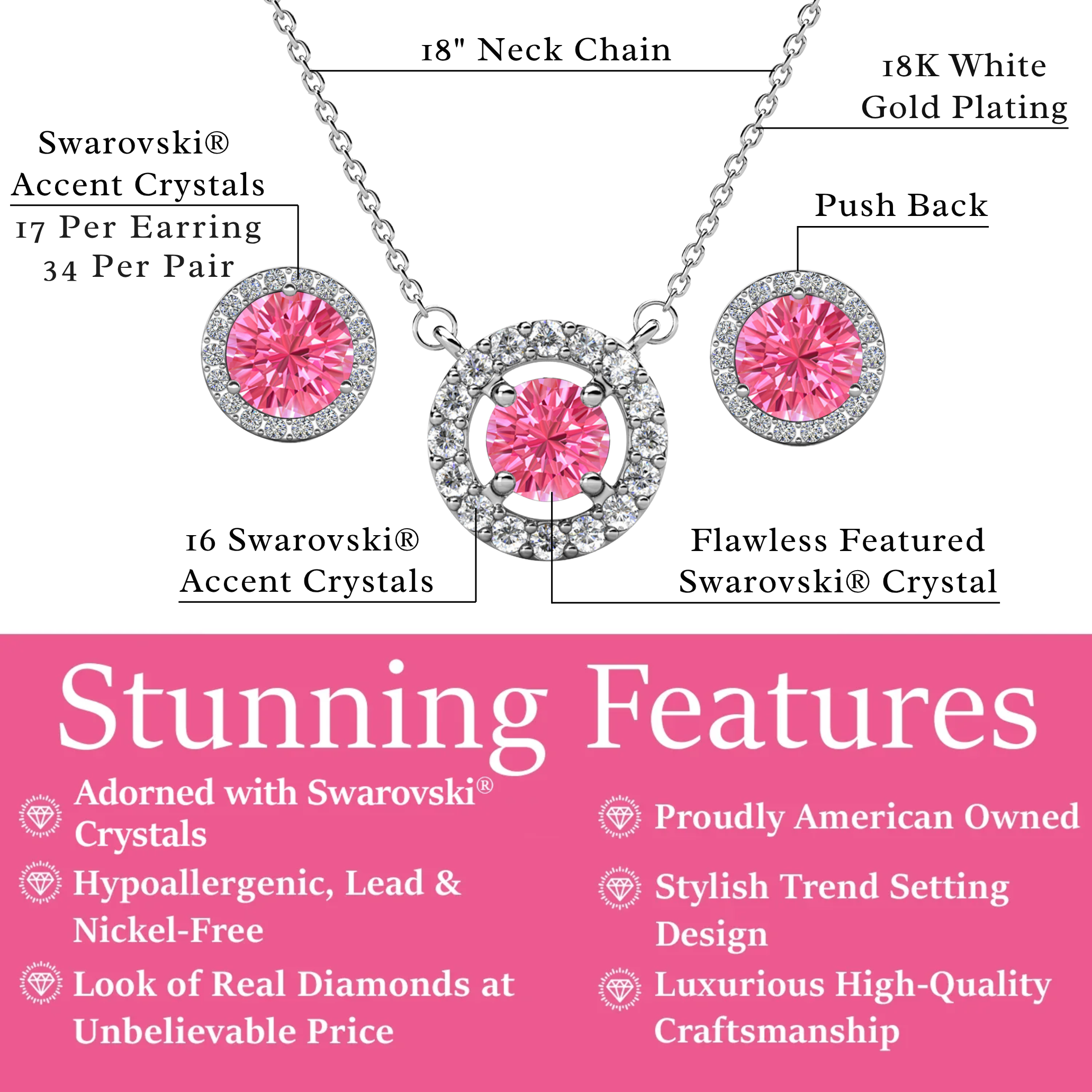 Royal Birthstone 18k White Gold Plated Halo Stud Earrings and Necklace Set with Swarovski Crystals