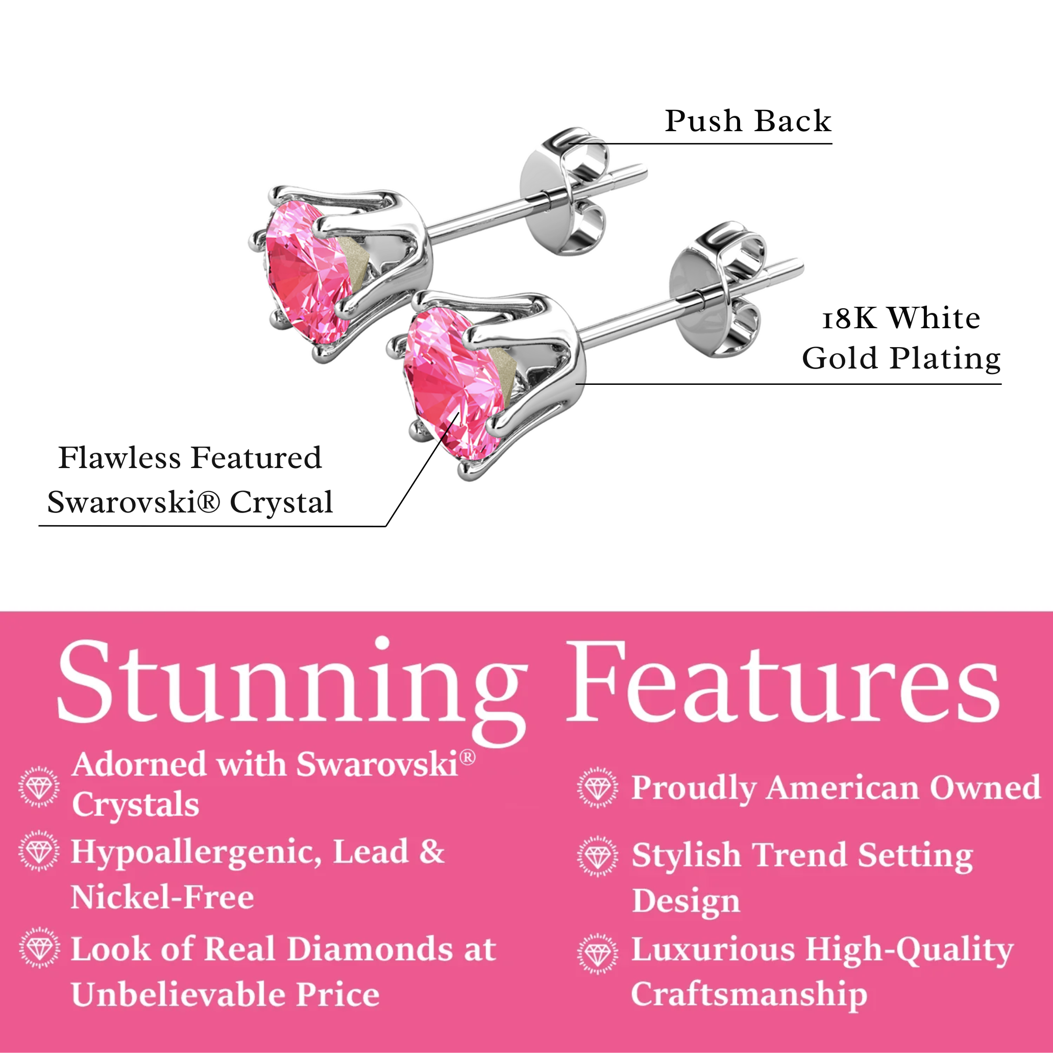 Birthstone Earrings 18k White Gold Plated Stud Earrings with 1ct Solitaire Swarovski Crystals