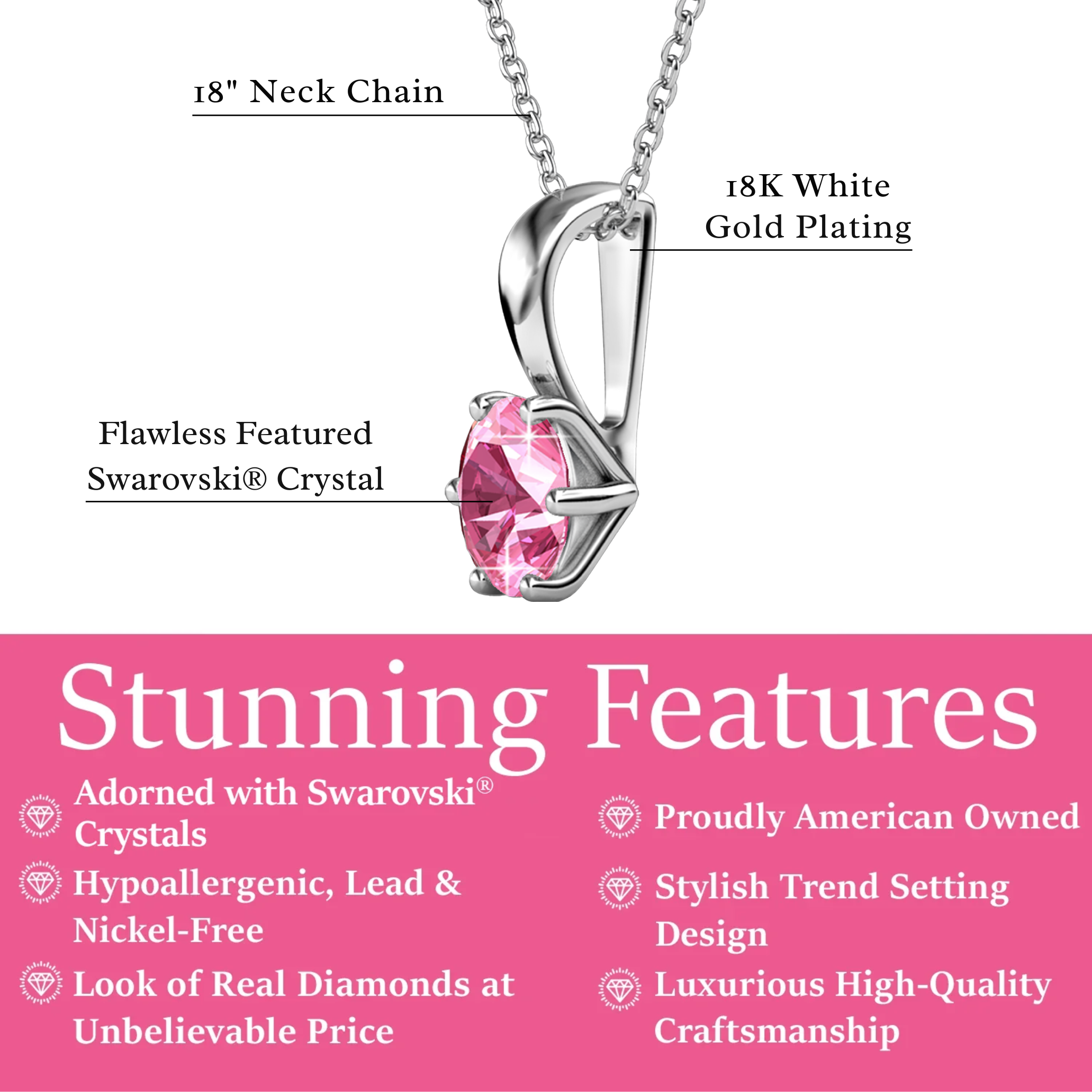 Birthstone Necklace 18k White Gold Plated Solitaire Necklace with 1ct Swarovski Crystal