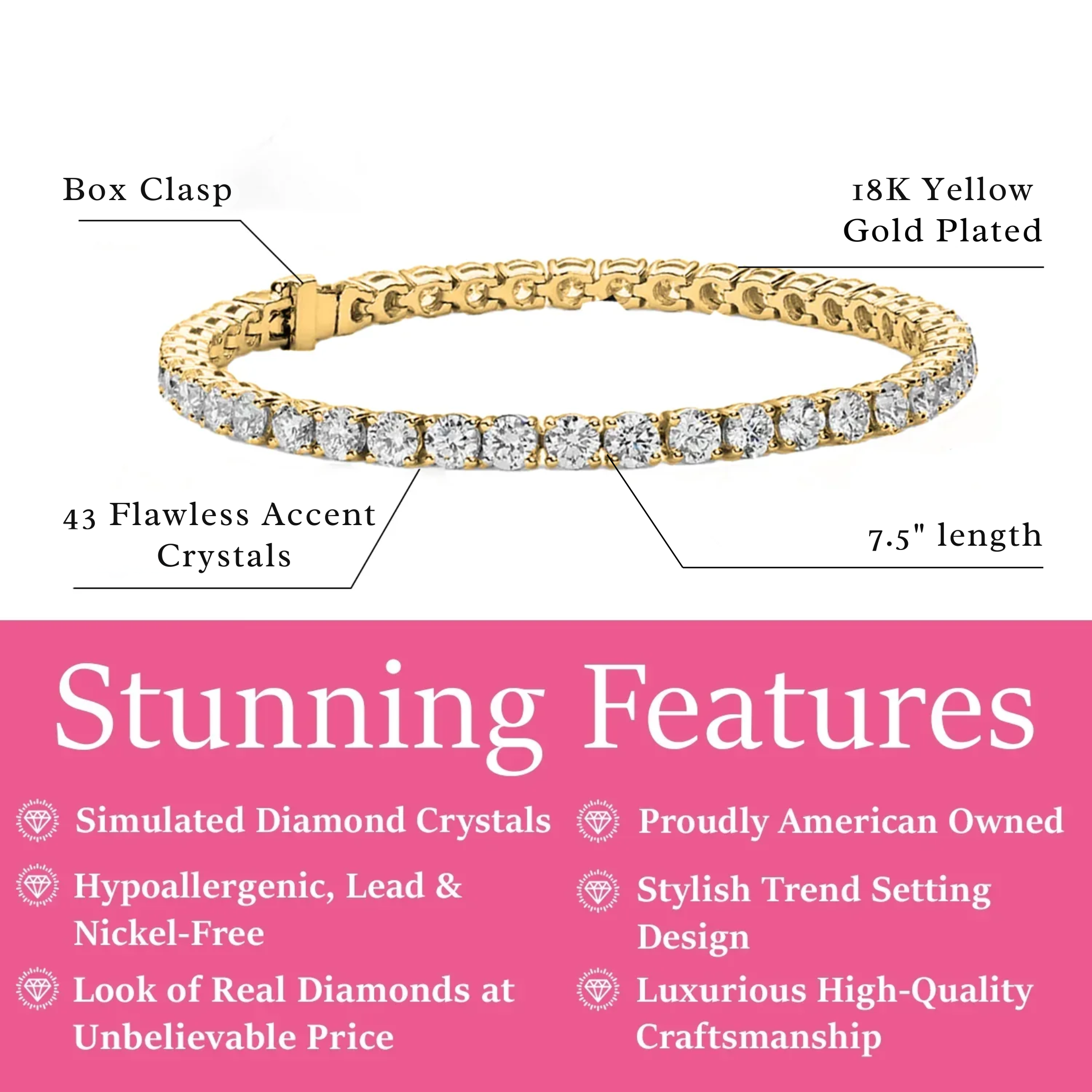 Olivia 18k Gold Plated Tennis Bracelet with Simulated Diamond Crystals (3 Pair Set)