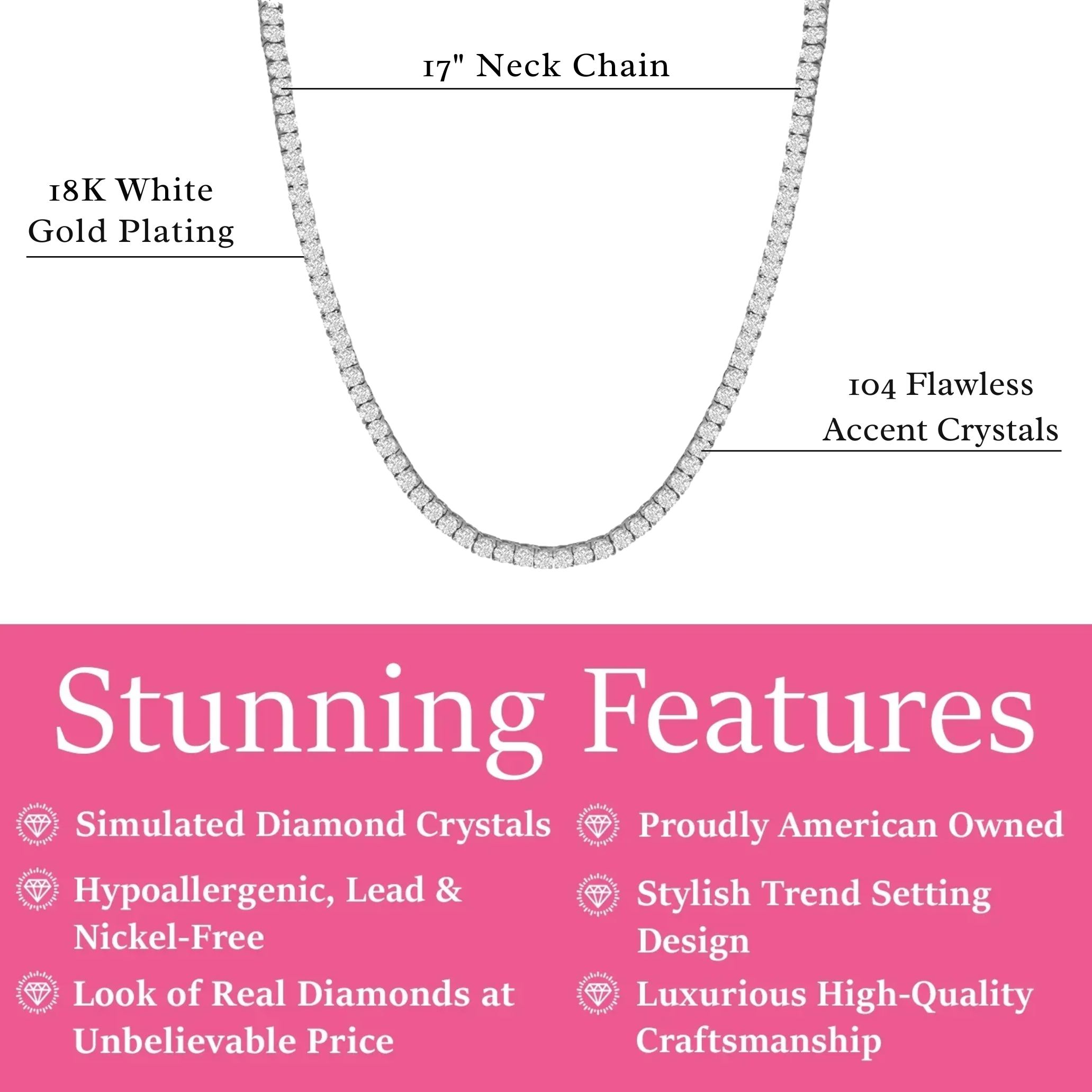 Olivia 18k White Gold Plated Tennis Necklace with Simulated Diamond Crystals