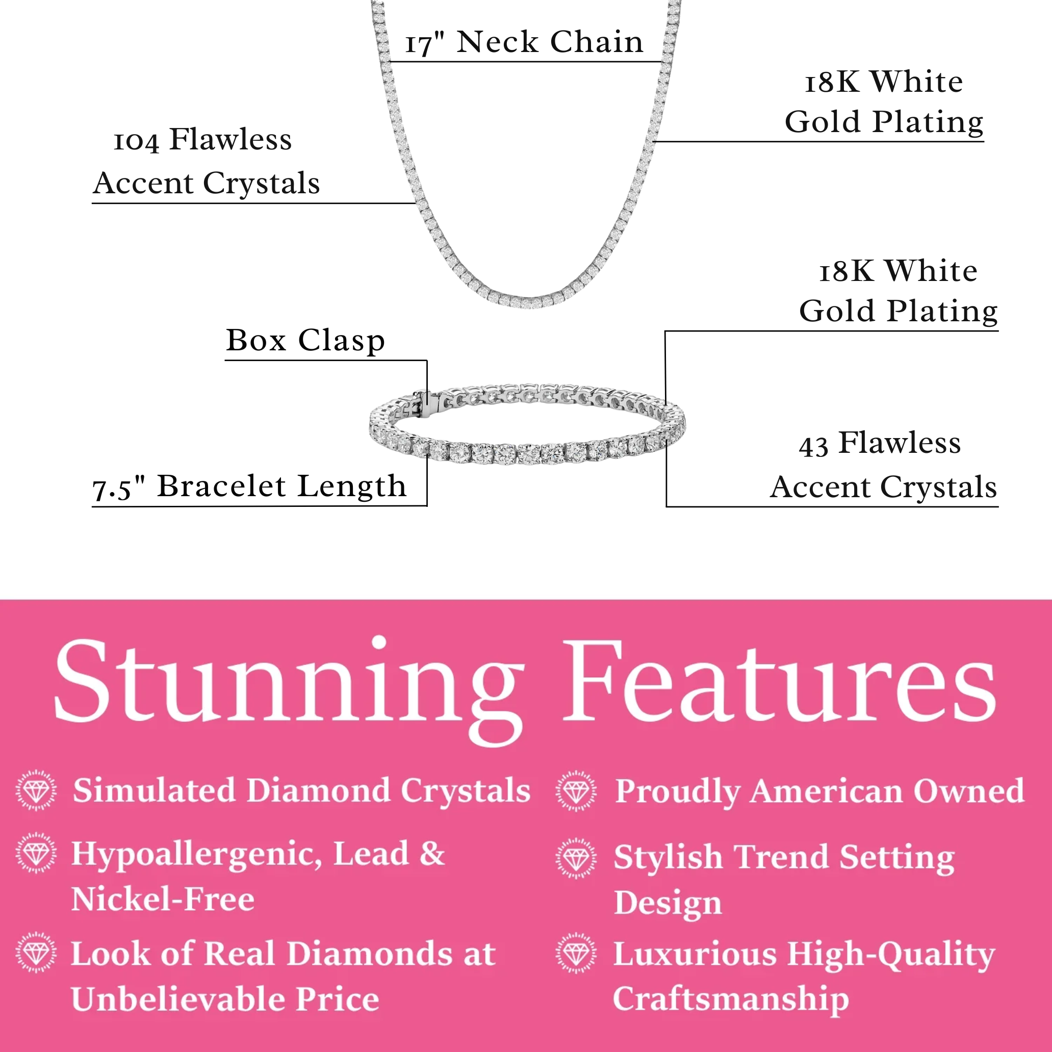 Olivia 18k White Gold Plated Tennis Bracelet and Necklace Set with Simulated Diamond Crystals