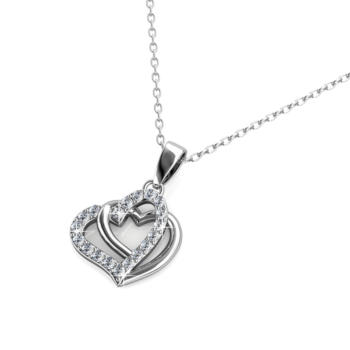 Angela 18k White Gold Plated Silver Double Heart Necklace with Swarovski Crystals