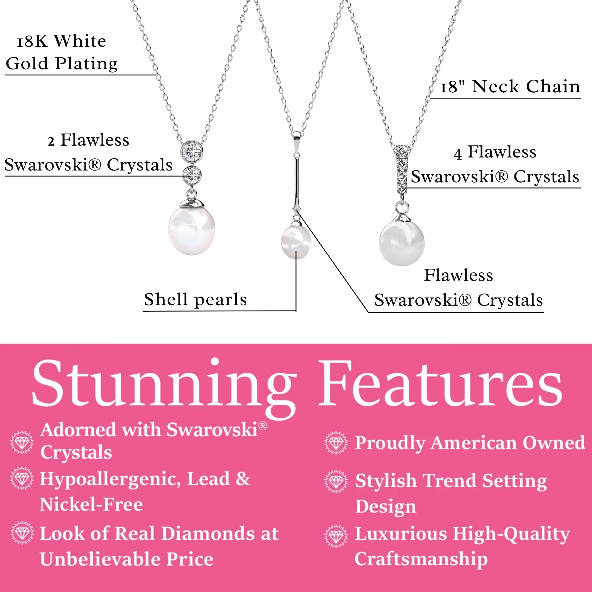 Gabrielle, Tatum, Genevieve 18k White Gold Plated Pearl Necklace for Women (Set of 3)