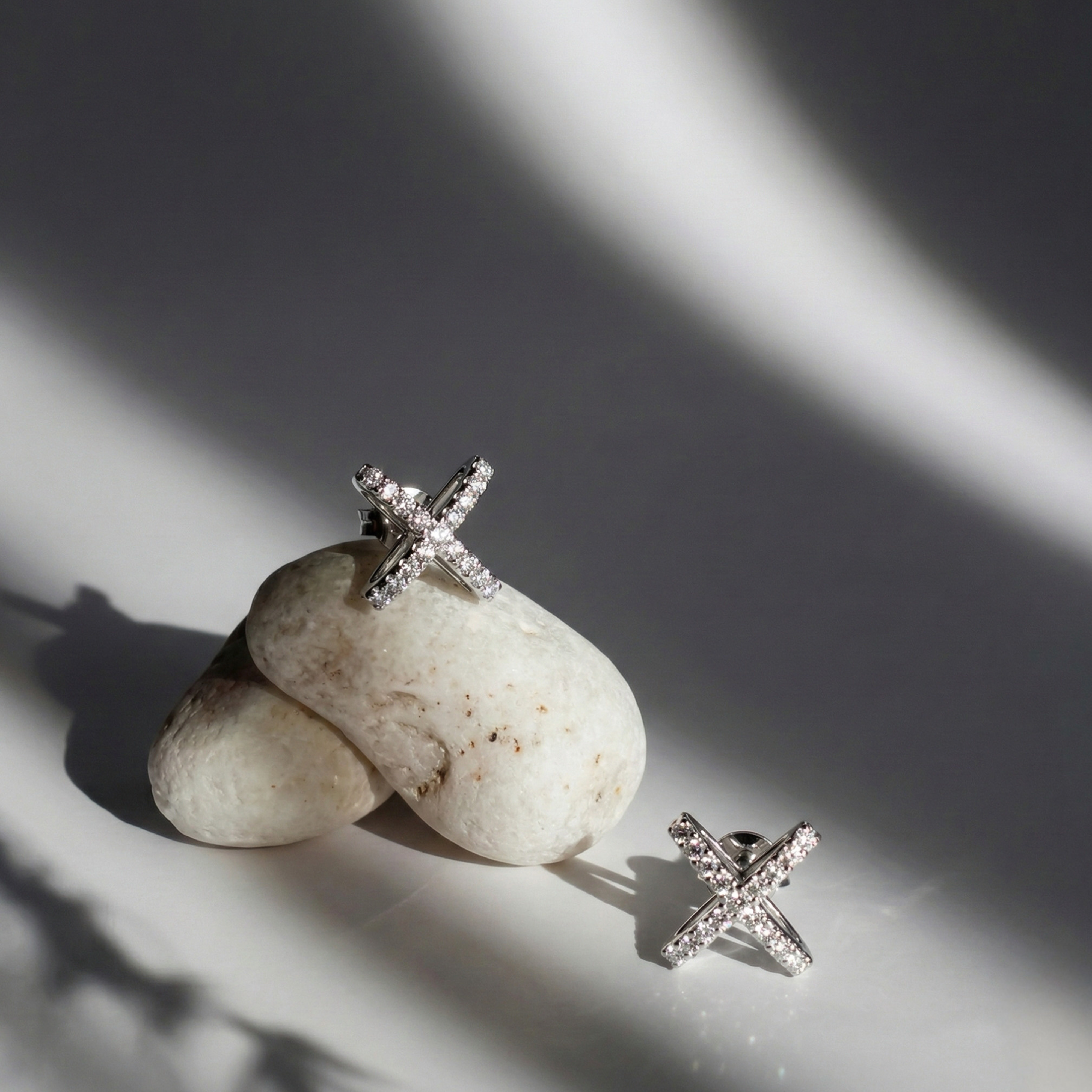 Paige 18k White Gold Plated X-Design Stud Earrings with Simulated Diamond Crystals - FAB FAV