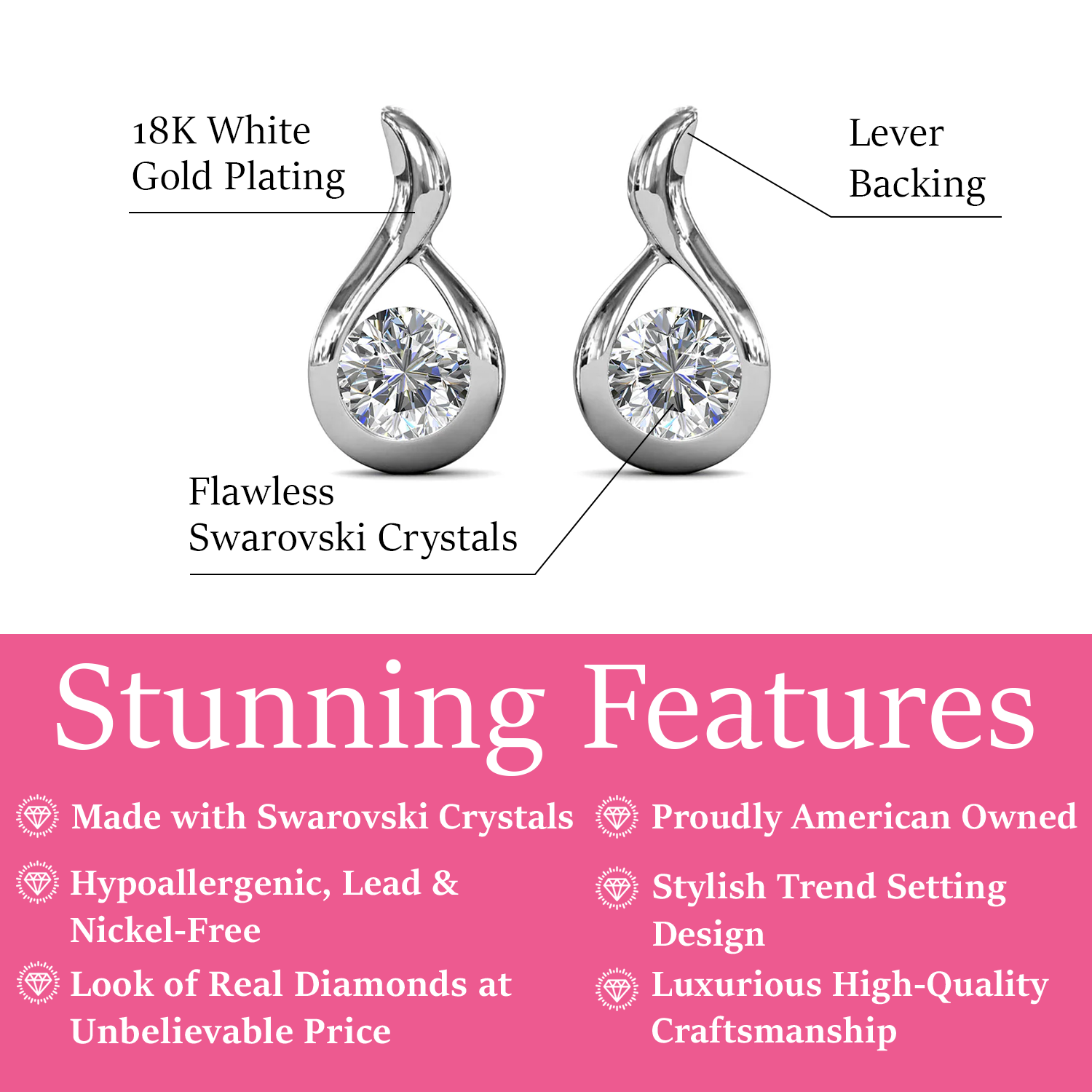 Parker 18k White Gold Plated Teardrop Stud Earrings with Swarovski Crystal