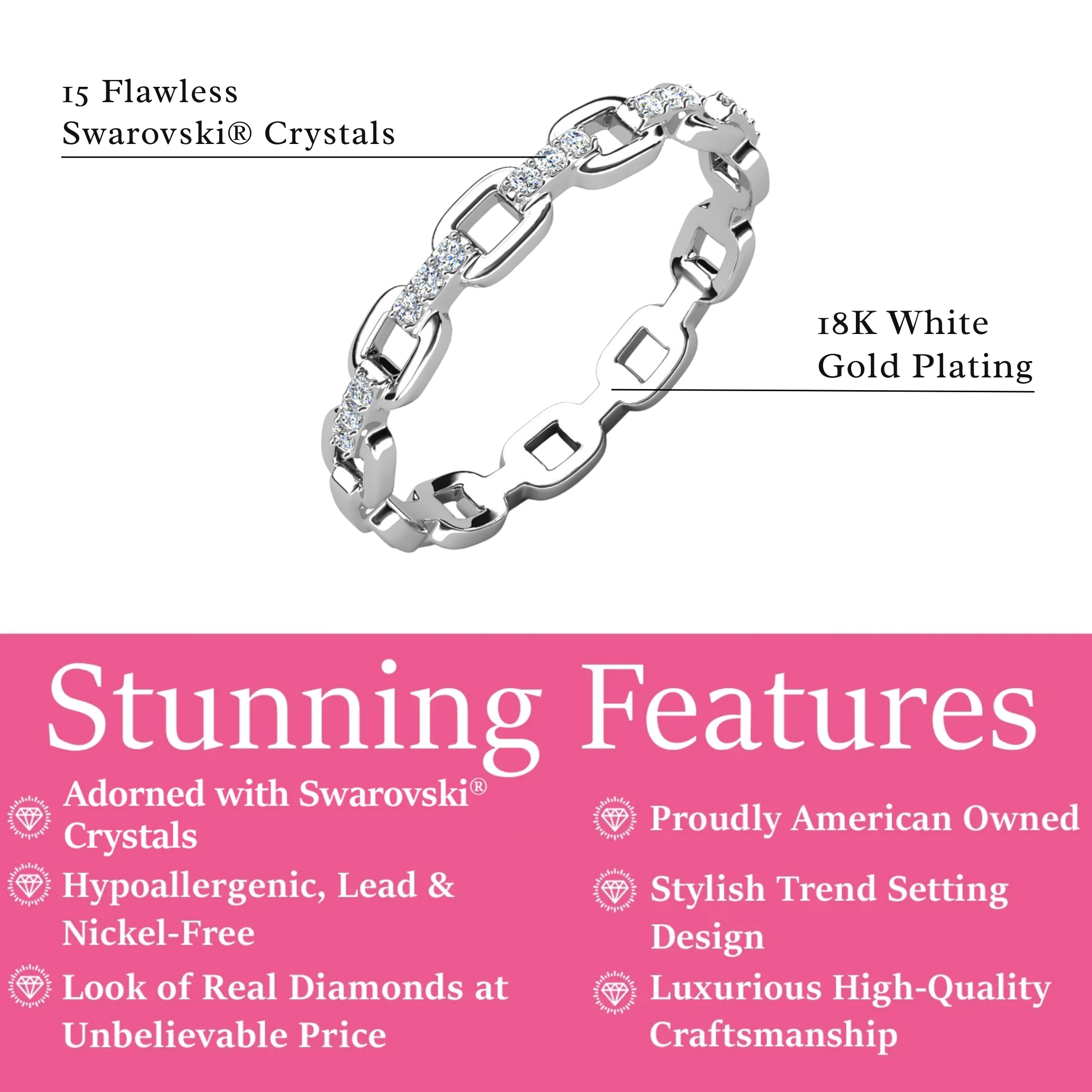 Paula 18k White Gold Plated Chain Link Ring with Swarovski Crystals