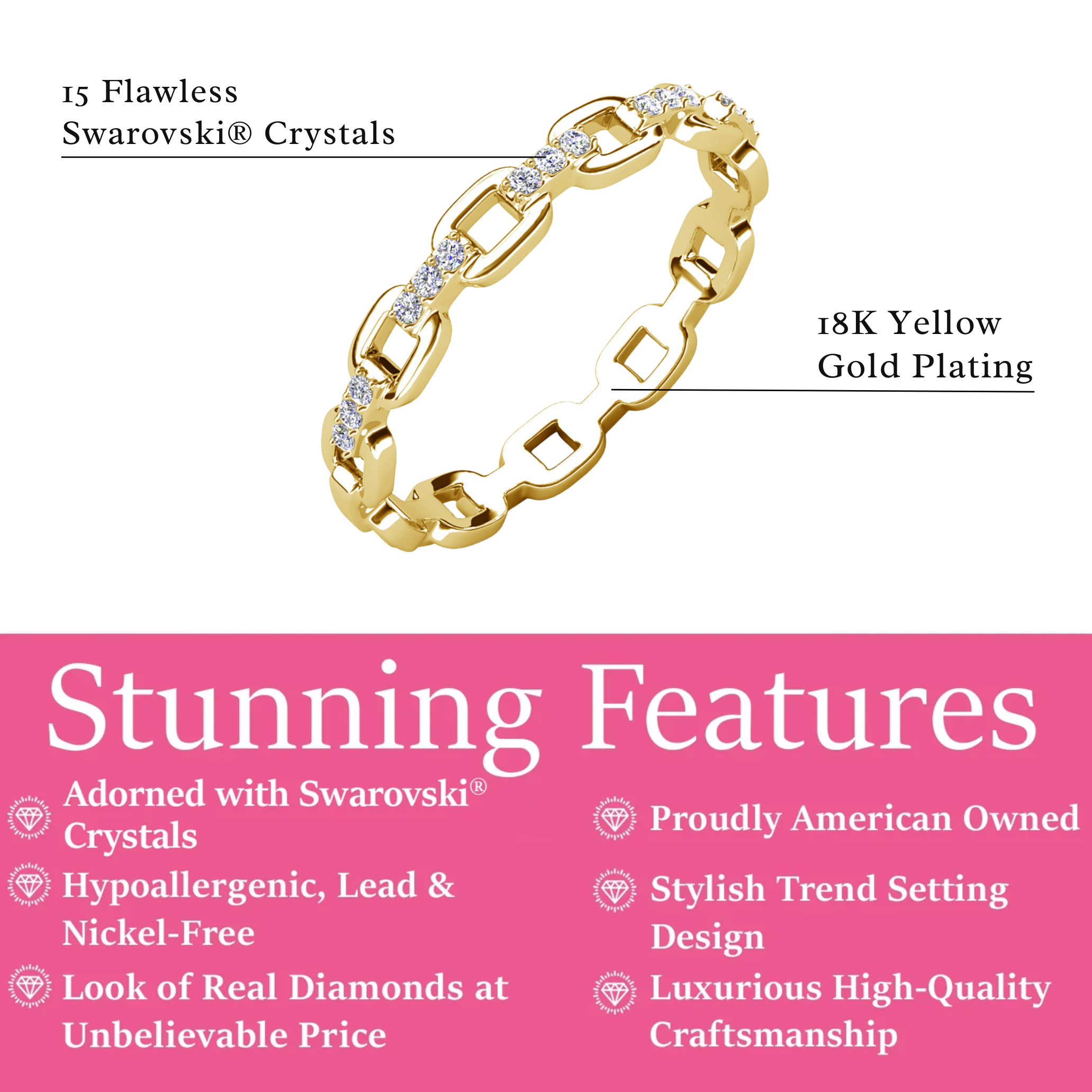 Paula 18k White Gold Plated Chain Link Ring with Swarovski Crystals