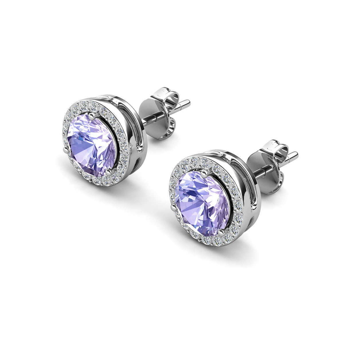 Royal June Birthstone Alexandrite Earrings, 18k White Gold Plated Silver Halo Earrings with Round Cut Crystals