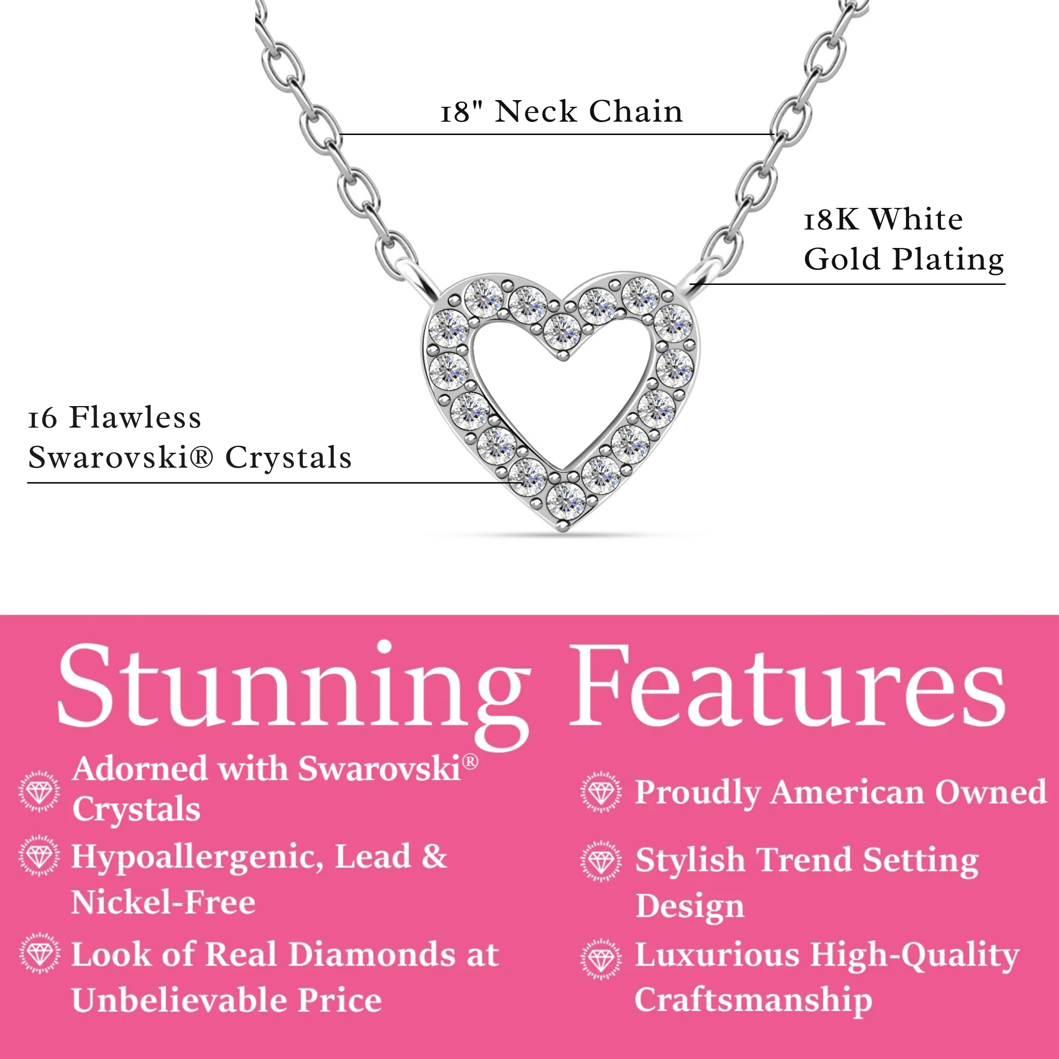 Piper 18k White Gold Plated Heart Pendant Necklace with Swarovski Crystals