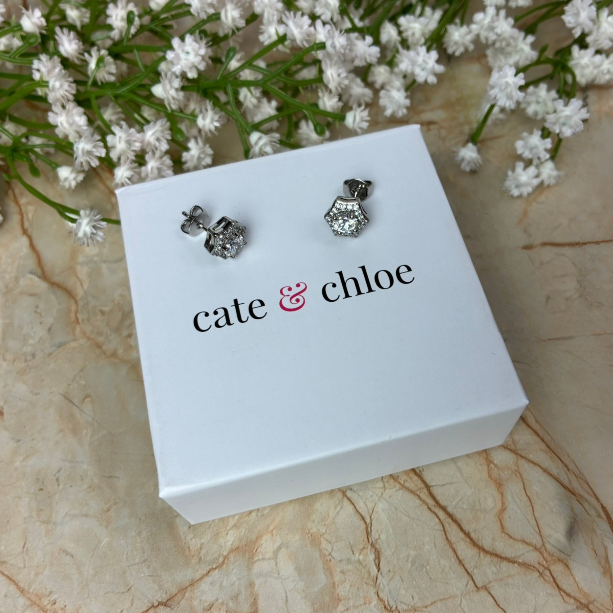 Poppy 18k White Gold Plated Stud Earrings with Simulated Diamond Crystals