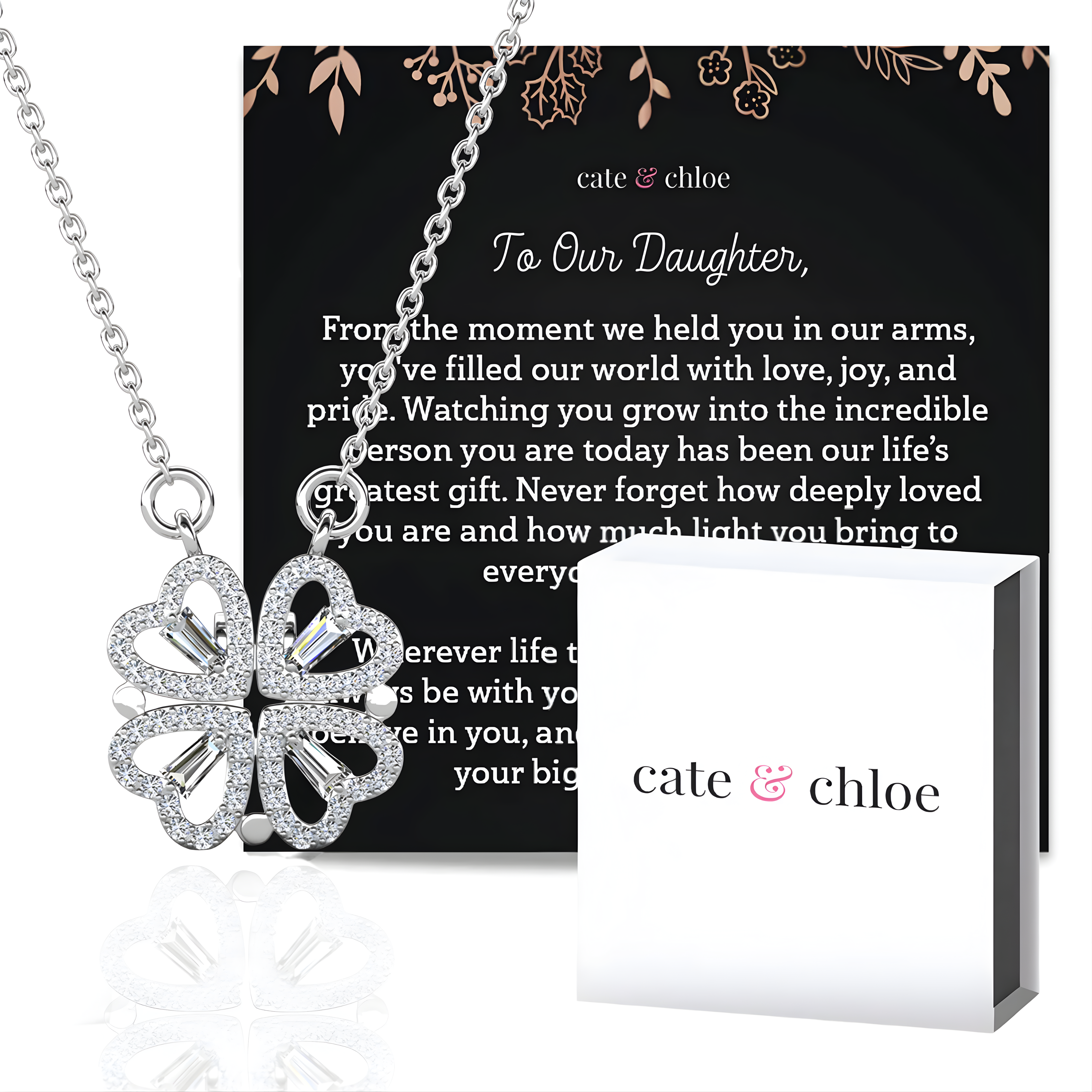 Posie 18k White Gold Plated Heart Necklace with Swarovski Crystals & Heartfelt Message for Daughter