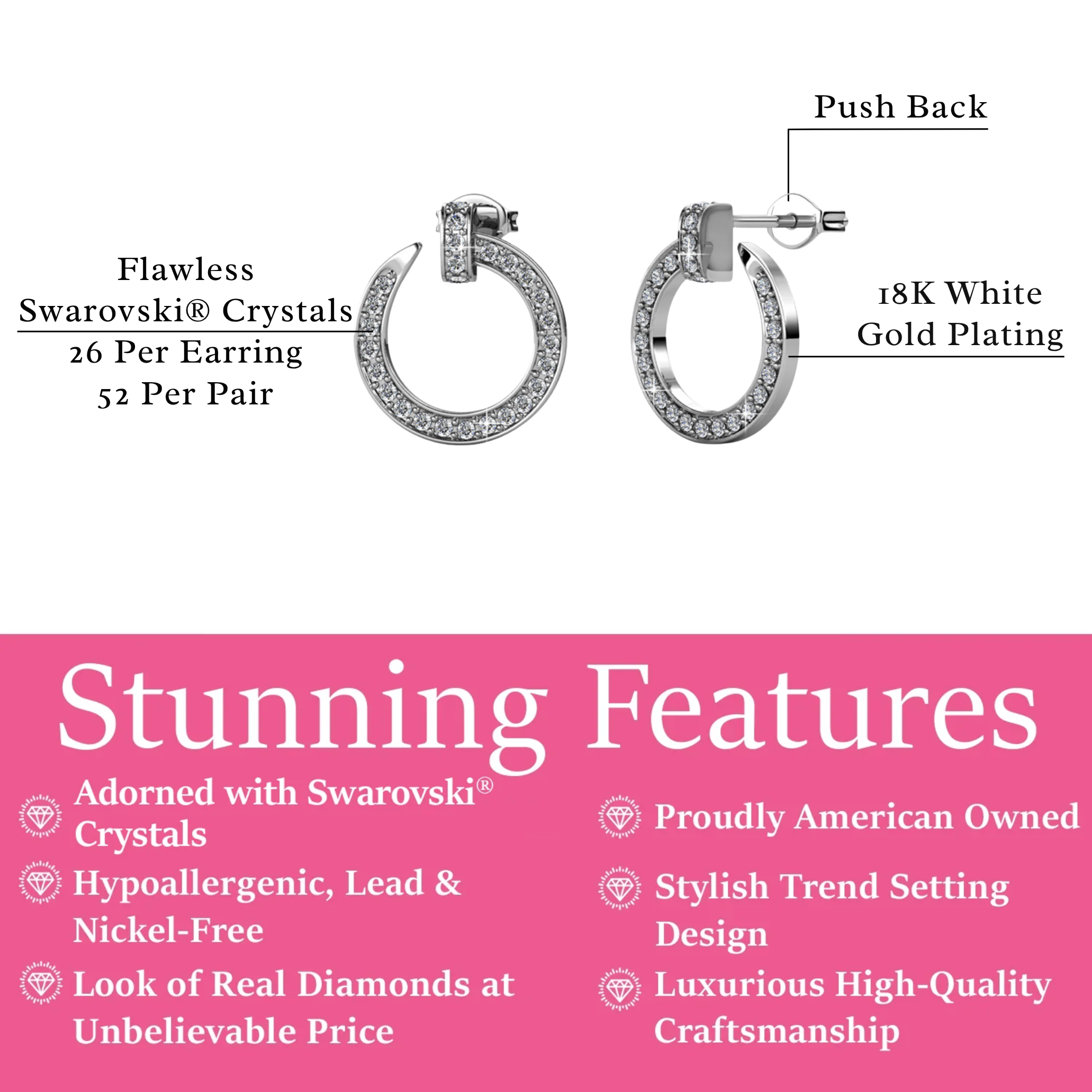 Raven 18k White Gold Plated Circle Drop Stud Earrings with Swarovski Crystals