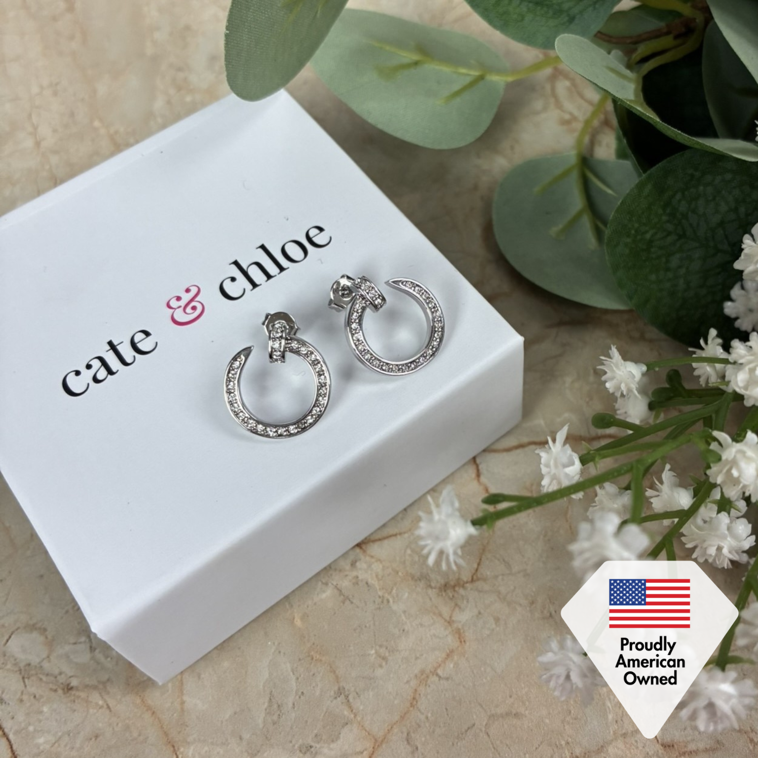 Raven 18k White Gold Plated Circle Drop Stud Earrings with Swarovski Crystals