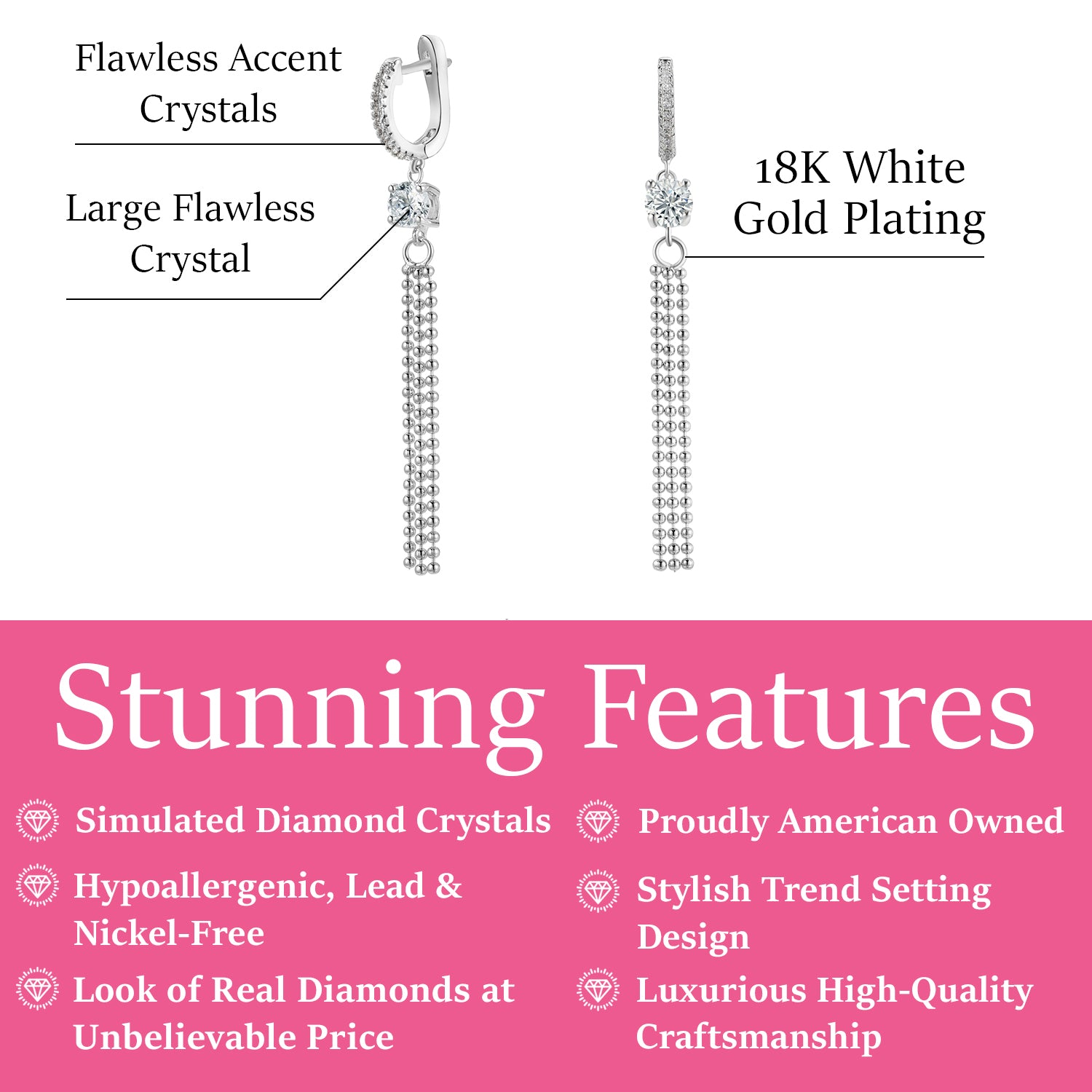 Raya 18k White Gold Plated Silver Dangle Earrings with Simulated Diamond CZ Crystals