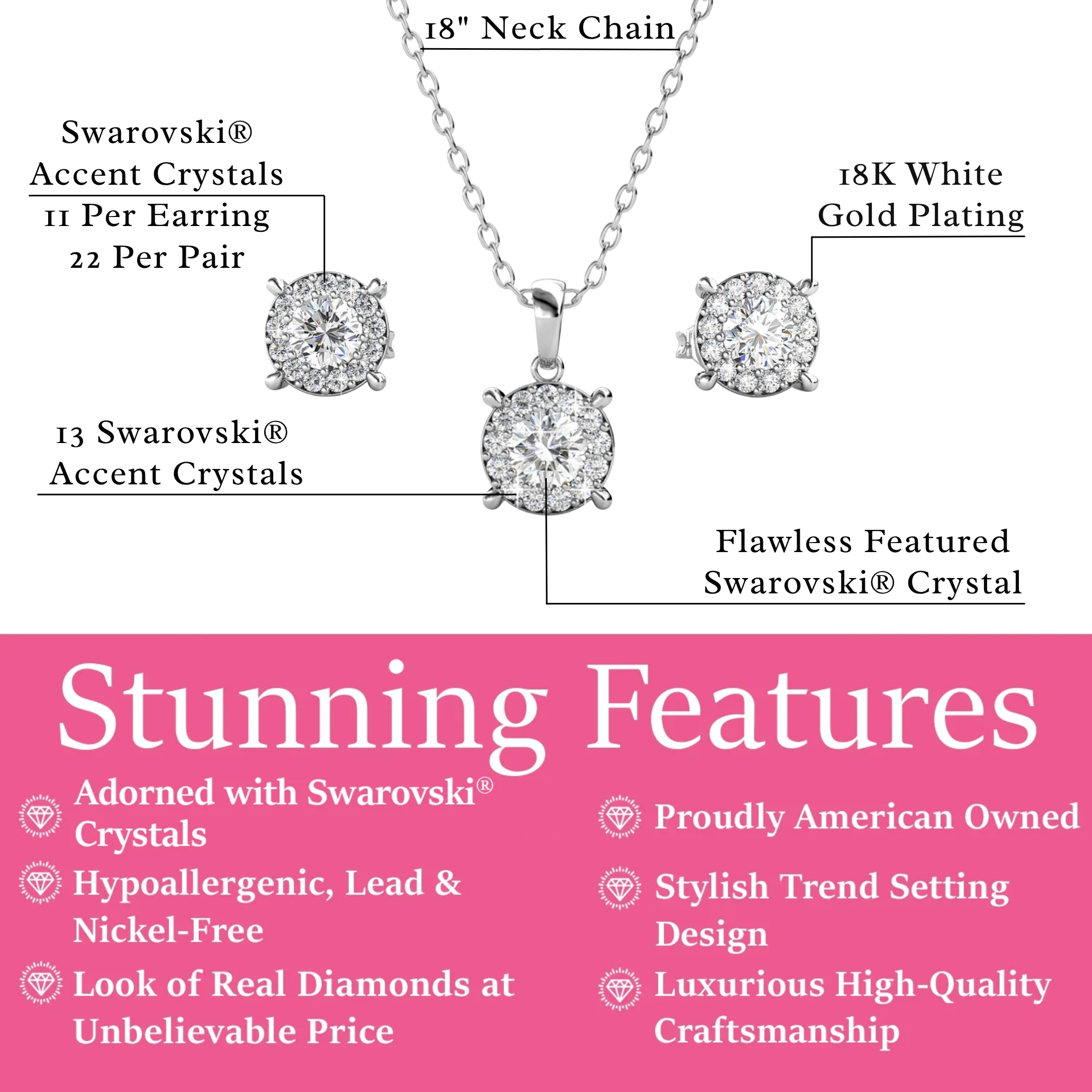 Raylee 18k White Gold Plated Halo Necklace and Stud Earrings Jewelry Set with Swarovski Crystals
