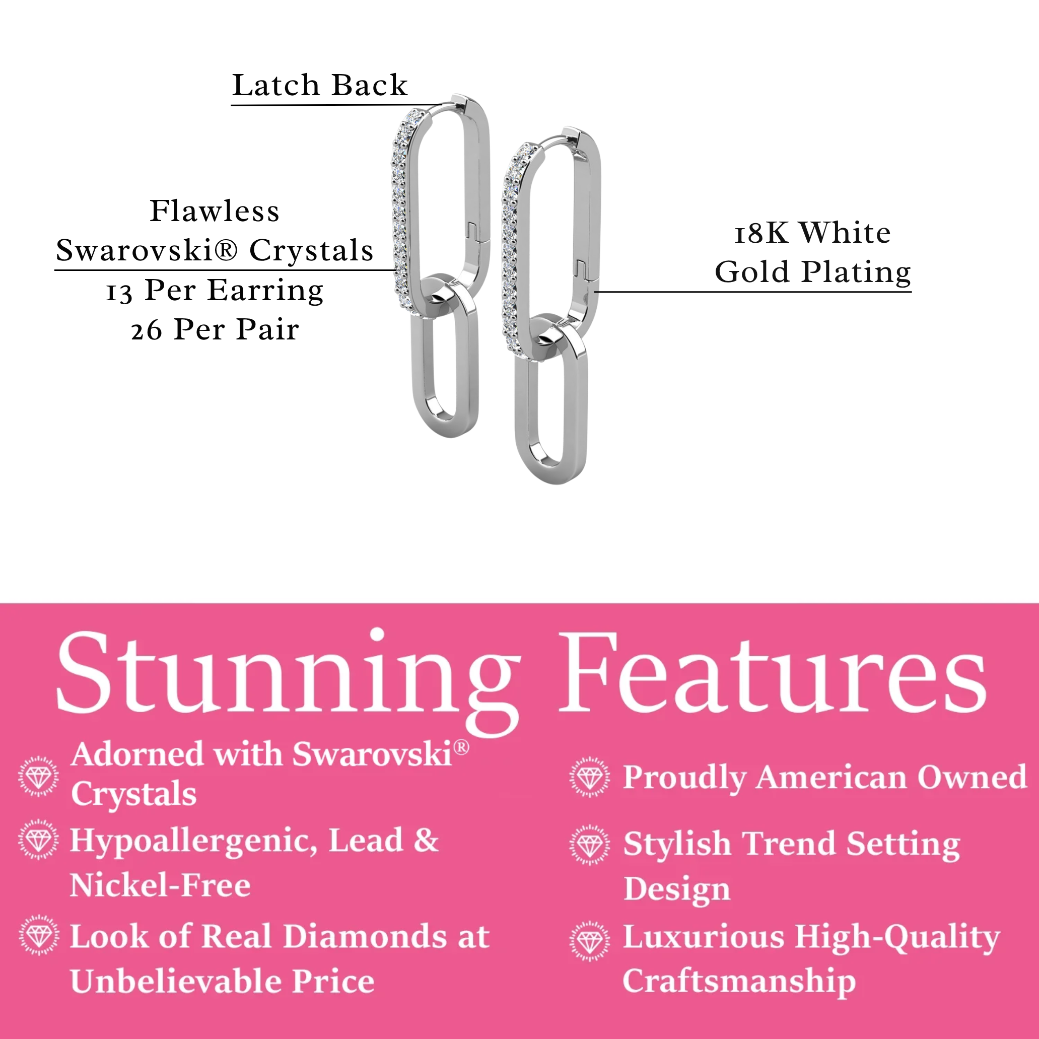 Remington 18k White Gold Plated Dangle Earrings & Limited Edition Ribbon Card