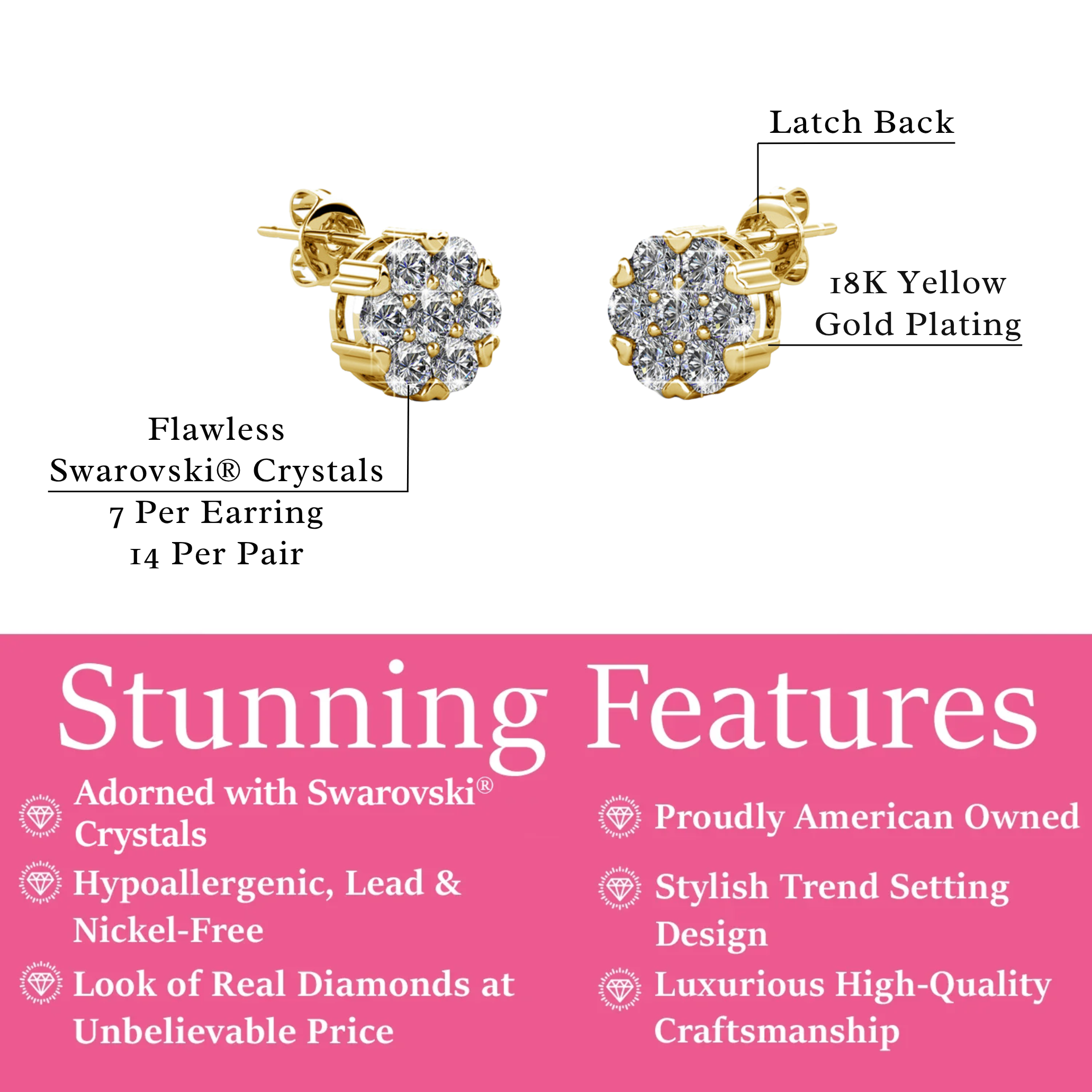 Remy 18k White Gold Plated Stud Earrings with Heart Accents and Swarovski Crystals